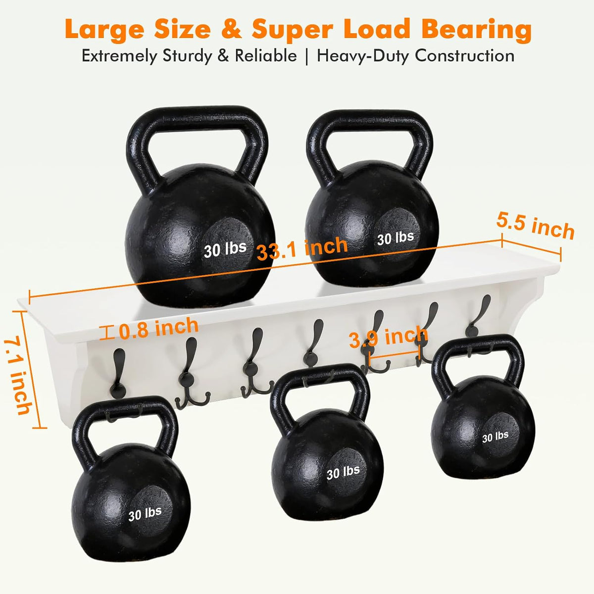 33" Coat Rack with Shelf Wall Mount, Pre-Assembled Solid Wood Coat Hooks with Shelf, Wall Coat Hanger with 7 Metal