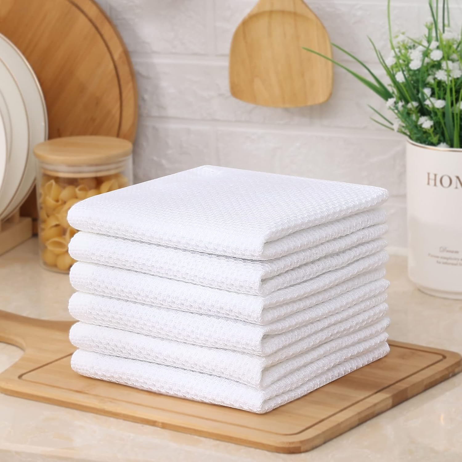 Kitinjoy 100% Cotton Waffle 12-Pack Kitchen Towels, 12" x 12", White | Ultra Absorbent, Super Soft, lightweight, Quick