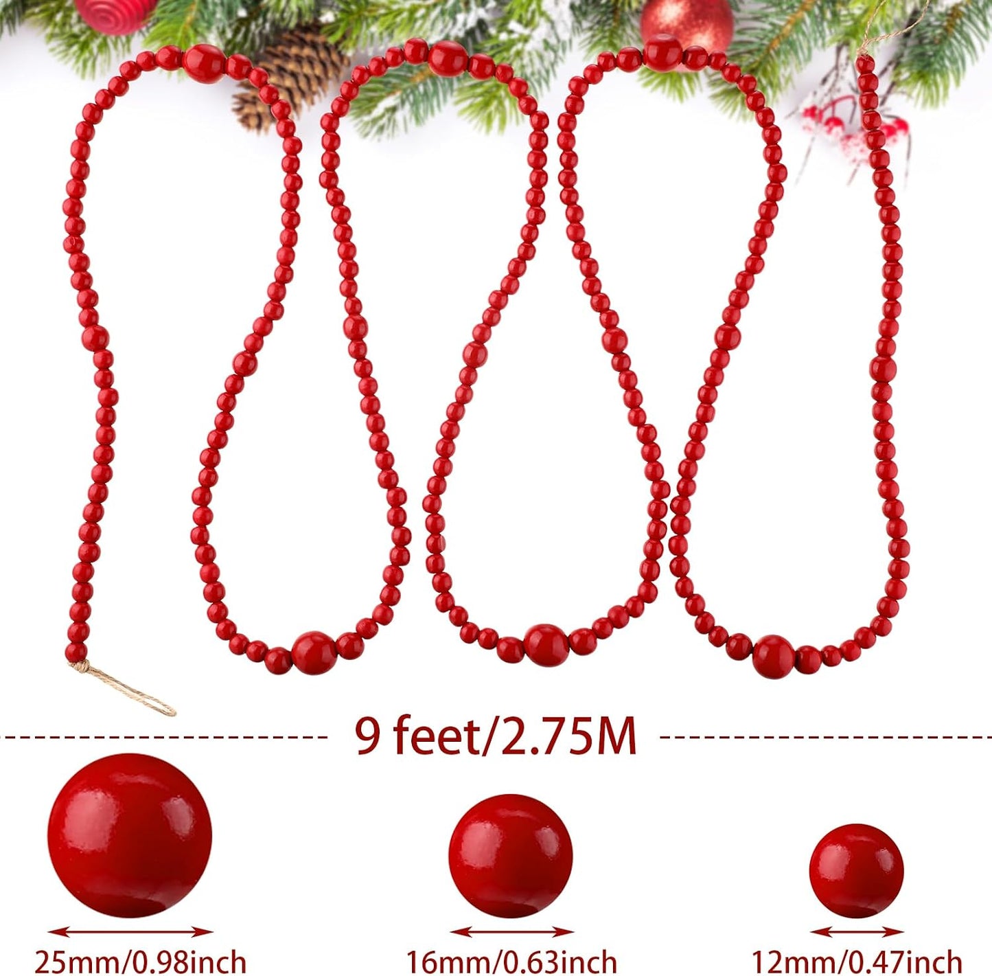 8 Pack 9 ft Rustic Christmas Wood Bead Garland for Xmas Tree Mantel Fireplace Stairs Coffee Table Decor Farmhouse