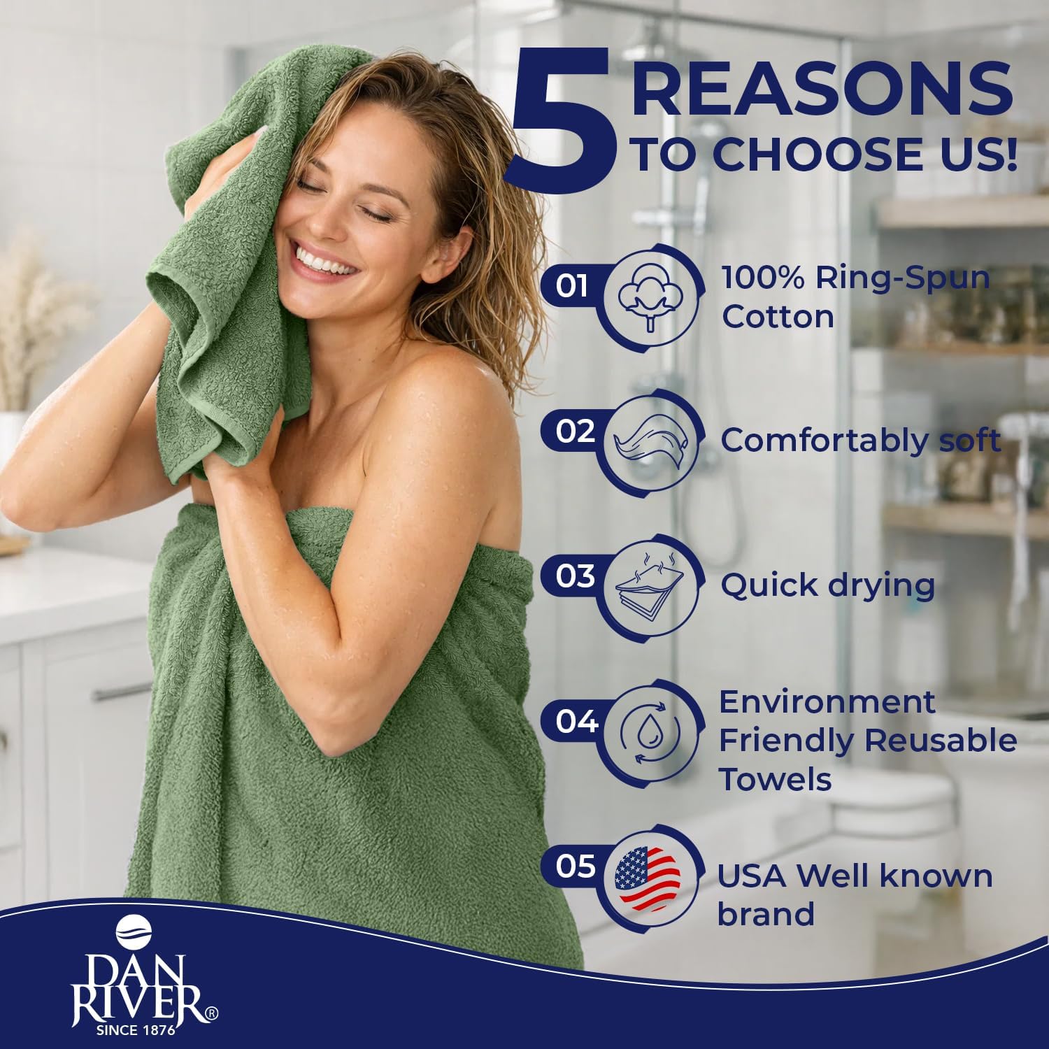 DAN RIVER 8 Piece Luxury Bath Towels for Bathroom, Towel Set, Sage Green | 2 Bath towels, 2 Hand towels, and 4 Wash