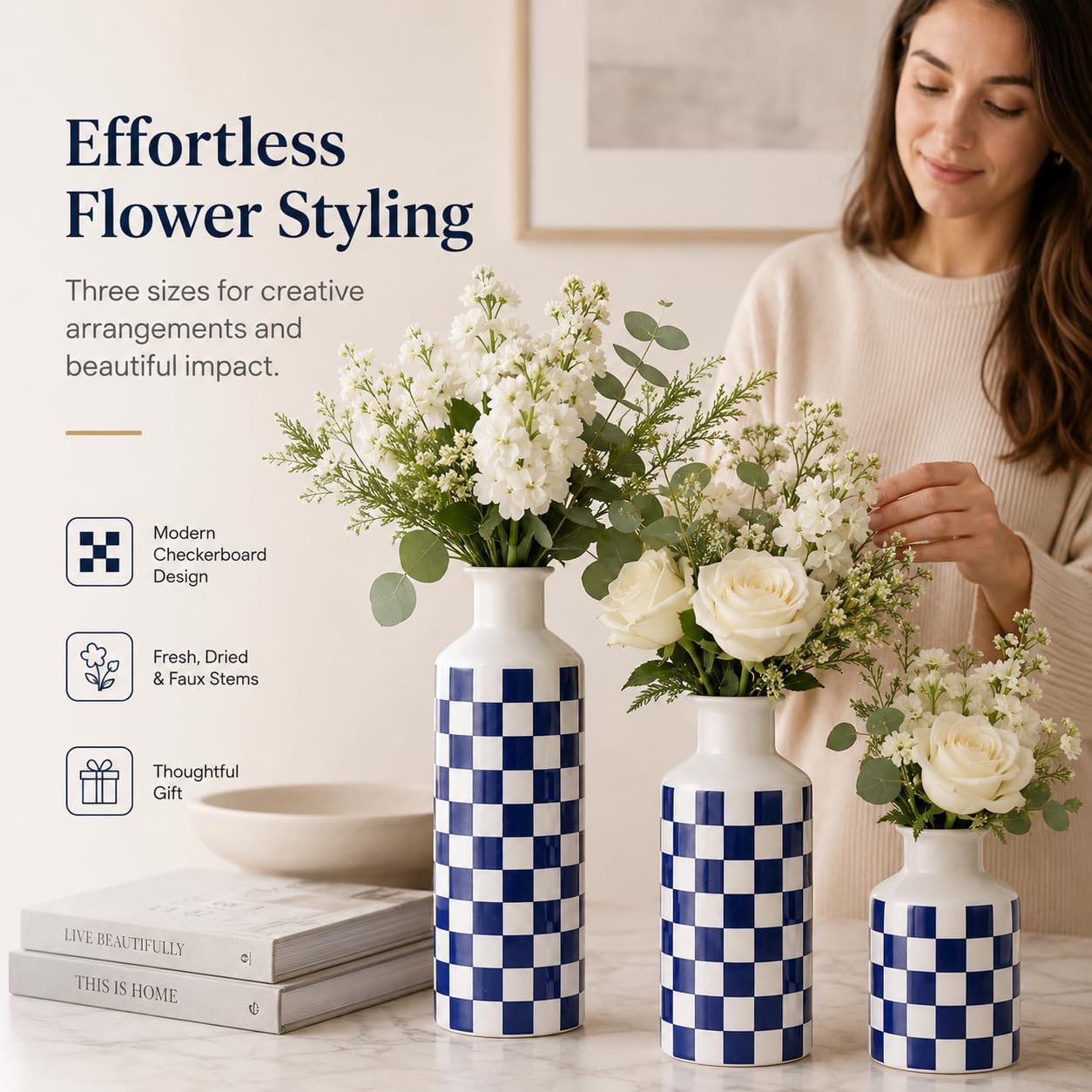 Black and White Ceramic Vase Set 3 / Blue