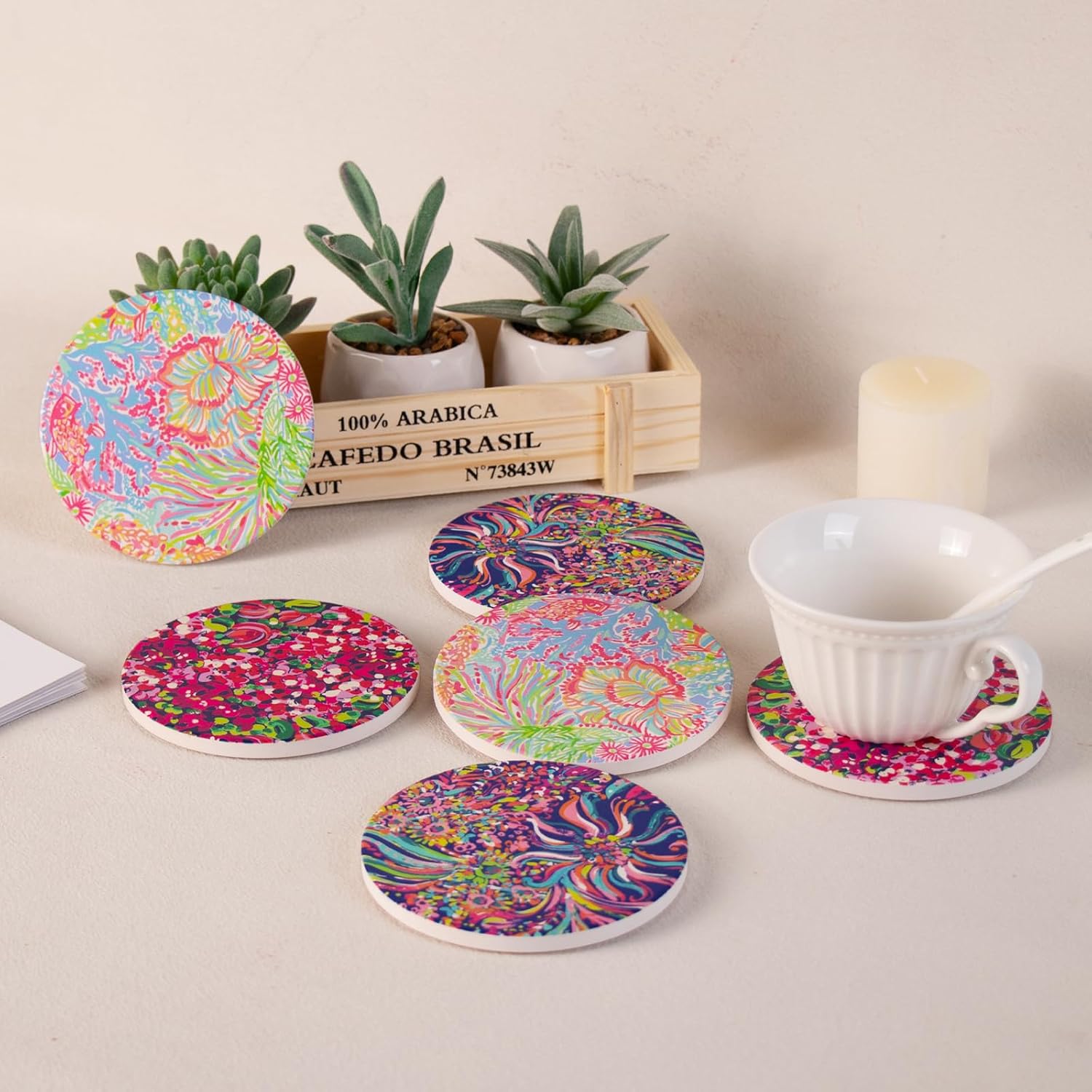 Absorbent Ceramic Coaster / 4 Inch / Set of 6