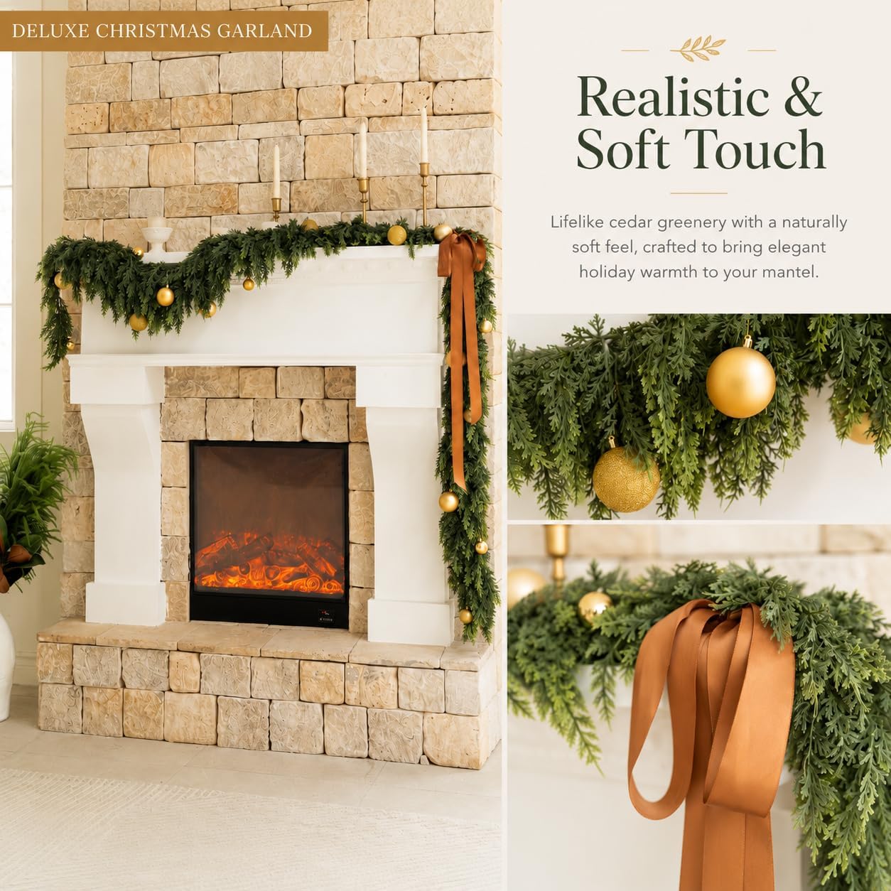 Avoeco Deluxe 9FT Real Touch Cedar Christmas Garland | Lush Soft Natural-Drape Artificial Greenery Christmas Decor
