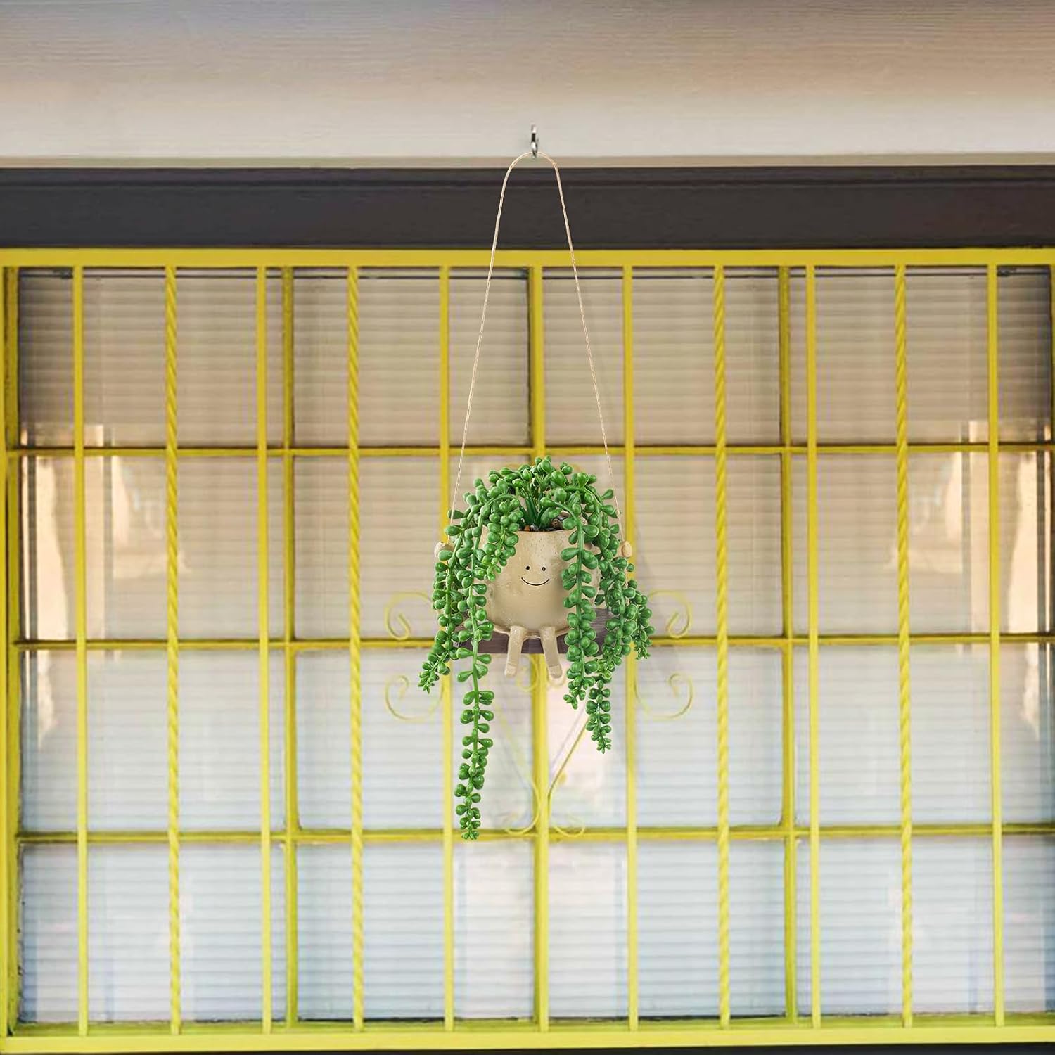 Artificial Hanging String of Pearls Succulent in Smiley Face Swing Planter / Hanging Succulents