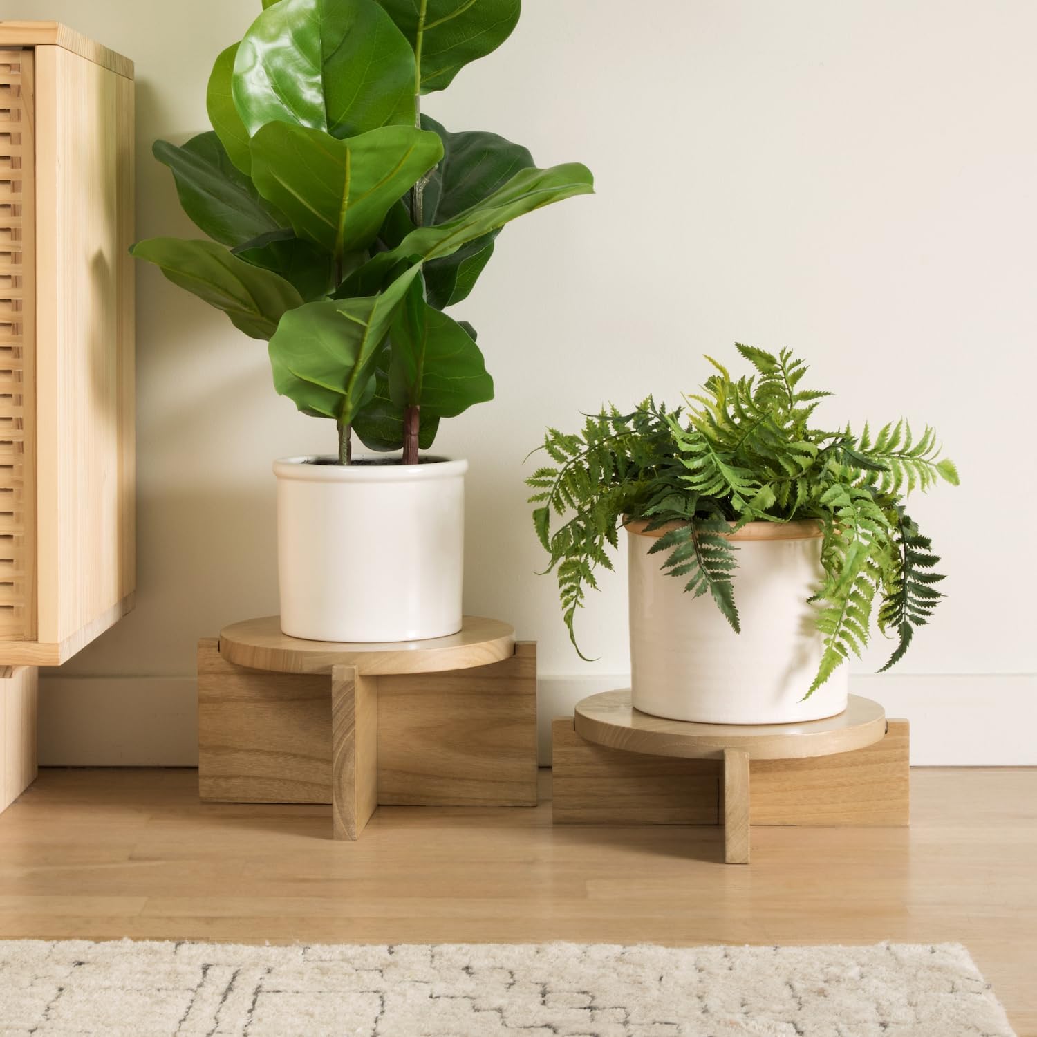 Natural Wood Riser Set of Two - Large 10” Round Wooden Plant Stands Indoor - Wood Pedestal Stands for Plants, Cakes