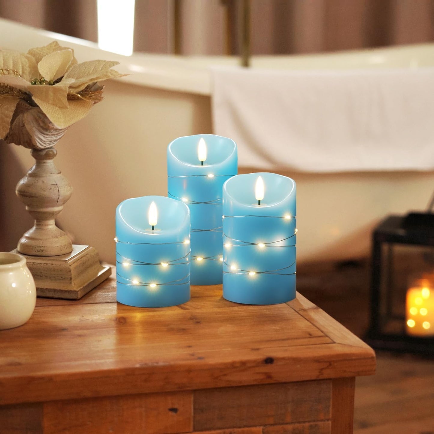 Homemory Flameless Candles with String Lights, 3 Pack Embedded Fairy String Lights LED Candles, Electric Flickering