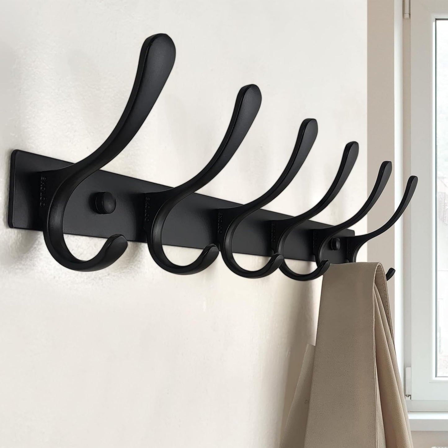 SKOLOO Heavy Duty Wall Mounted Coat Rack - 6 Hooks, Stainless Steel, Pack of 2, Sturdy Coat Hooks for Hanging Clothes