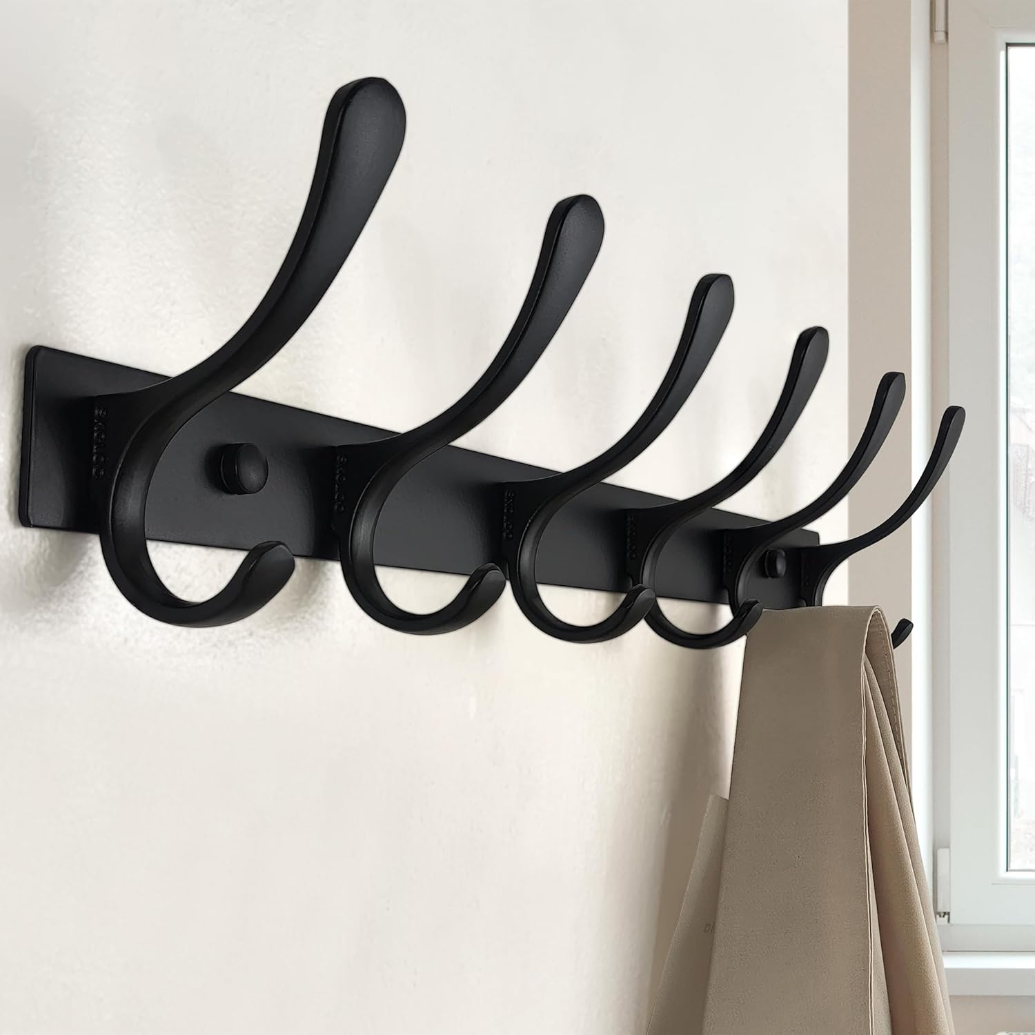 SKOLOO Heavy Duty Wall Mounted Coat Rack - 6 Hooks, Stainless Steel, Pack of 2, Sturdy Coat Hooks for Hanging Clothes