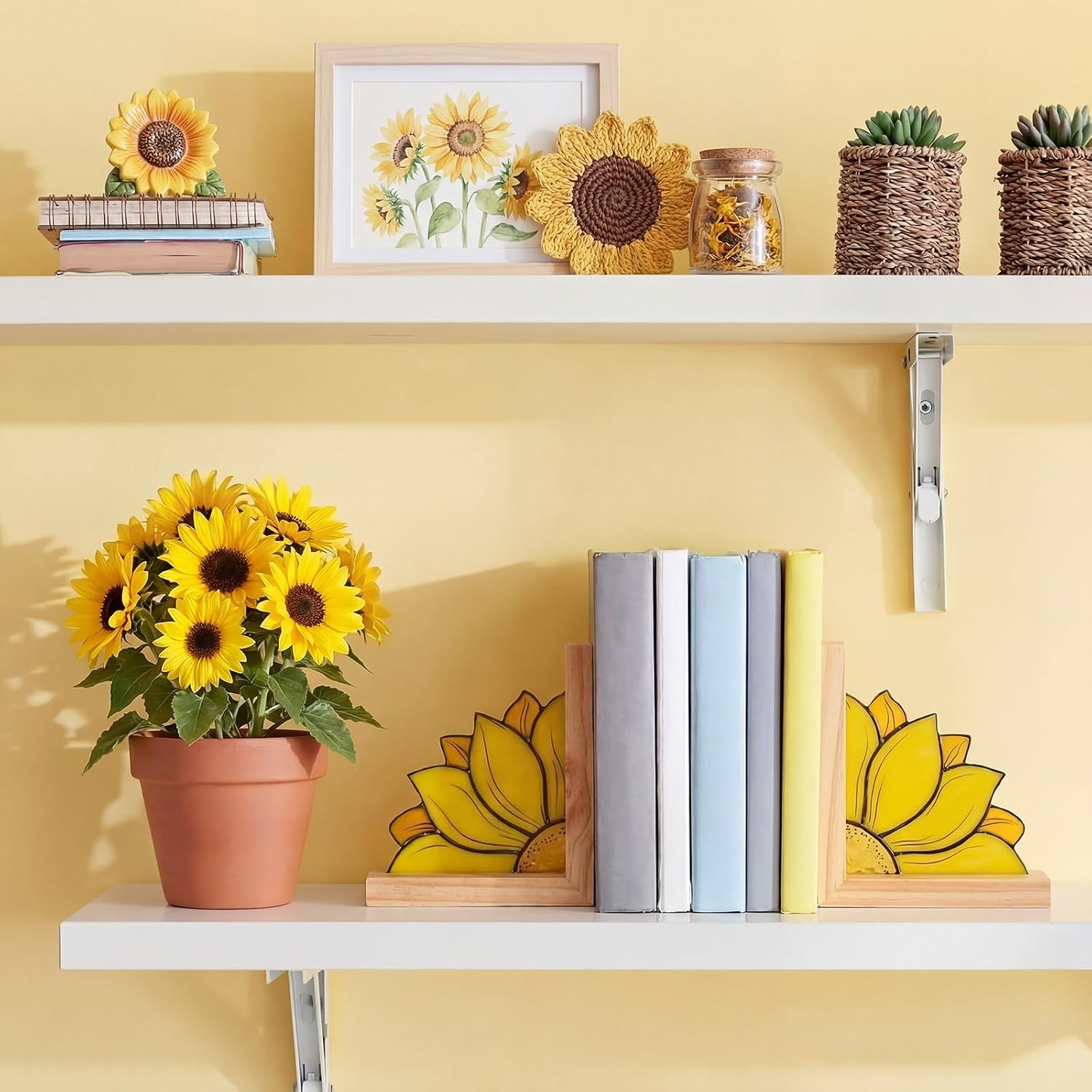 Oak Wood Base Stained Glass Novelty Bookends Organizer Book Ends / Sunflower / Yellow