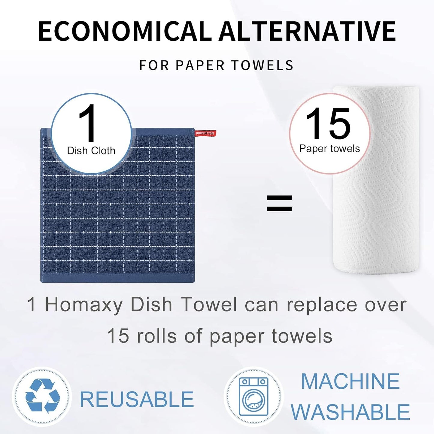 Homaxy 100% Cotton Terry Kitchen Dish Cloths, 12 Pack, Navy Blue | Ultra Soft and Absorbent Dish Towels for Kitchen