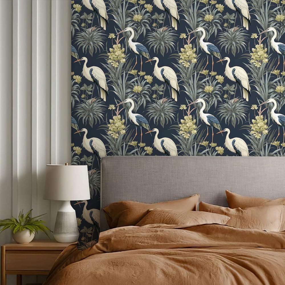 Abstract Modern Crane Birds Tropical Plants Peel and Stick Wallpaper Vintage Wall Paper Stick