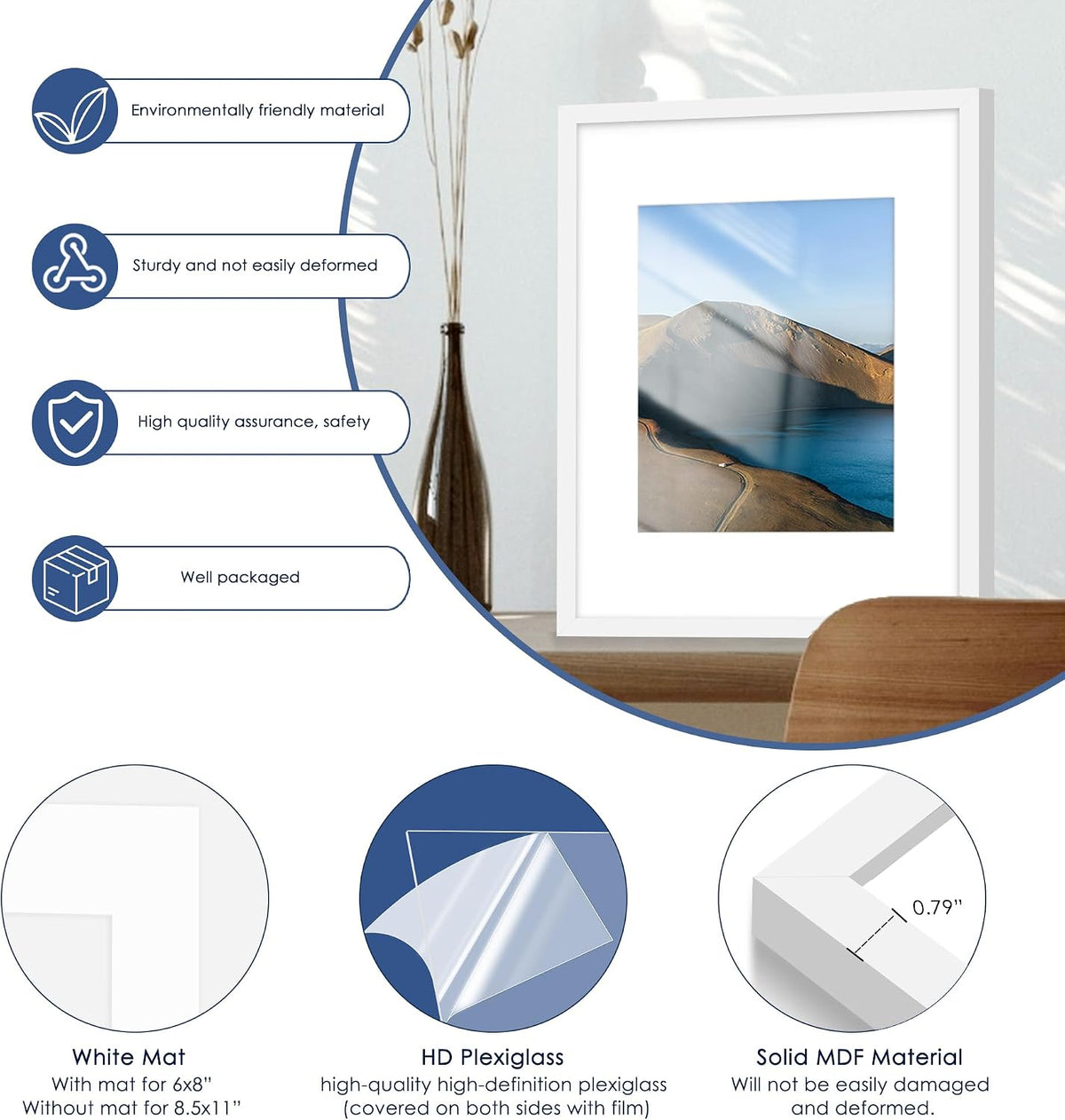 12x16 Picture Frame Set of 6, Wall Mount Display, White | Display Pictures 8.5x11 with Mat or 12x16 Without Mat