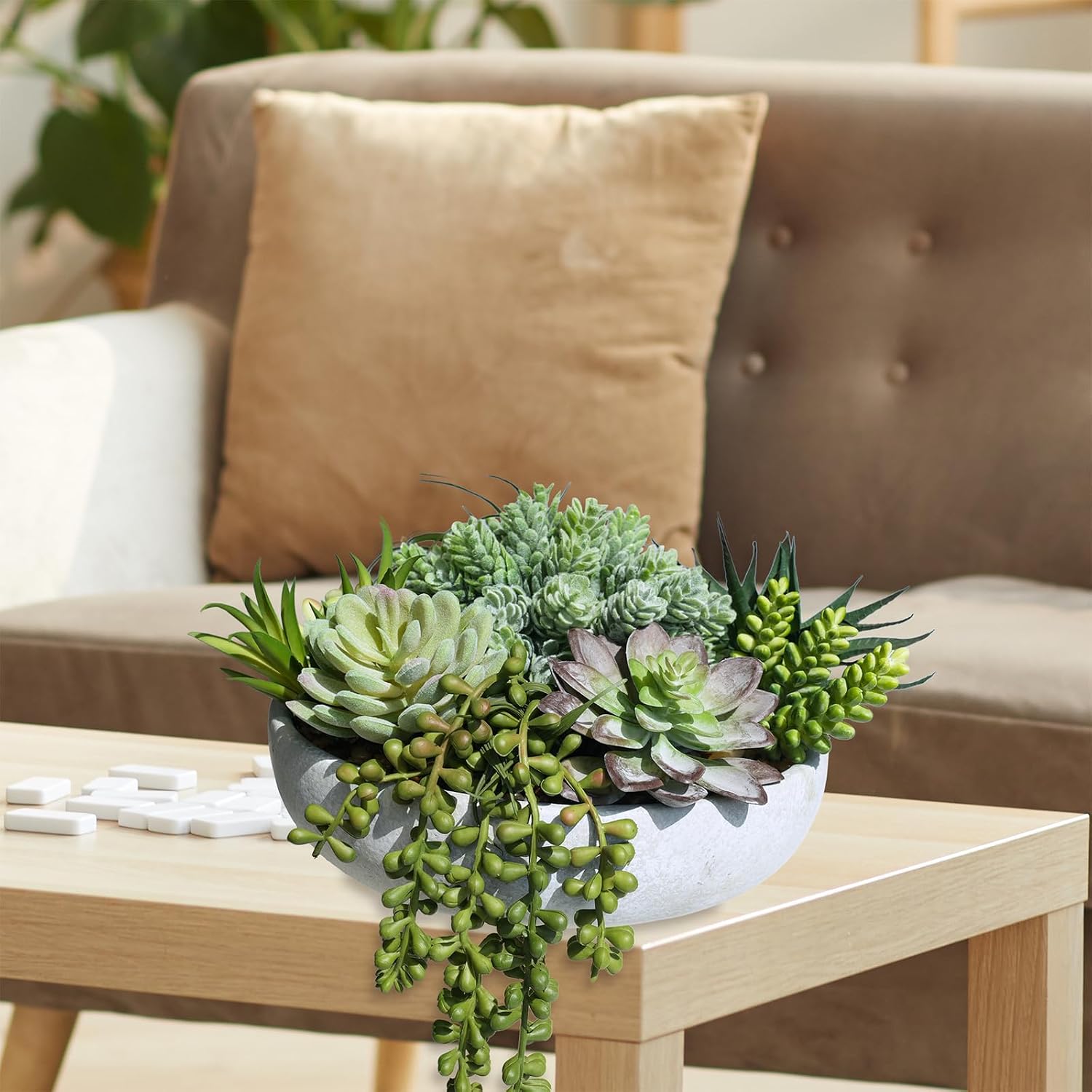 9" Artificial Succulent Arrangement Succulent Plants in Gray Round Planter Faux Potted / Grey