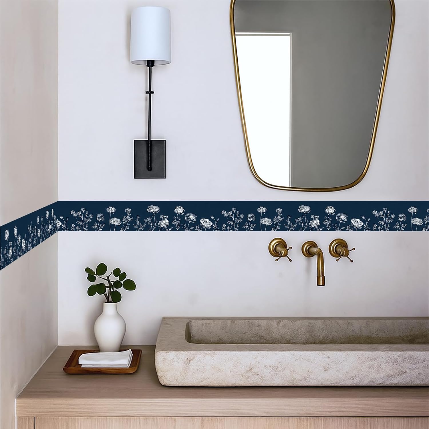 Wall Border Peel and Stick White Floral Wallpaper Border Minimalist / Dandelion / Blue / 196 x 4