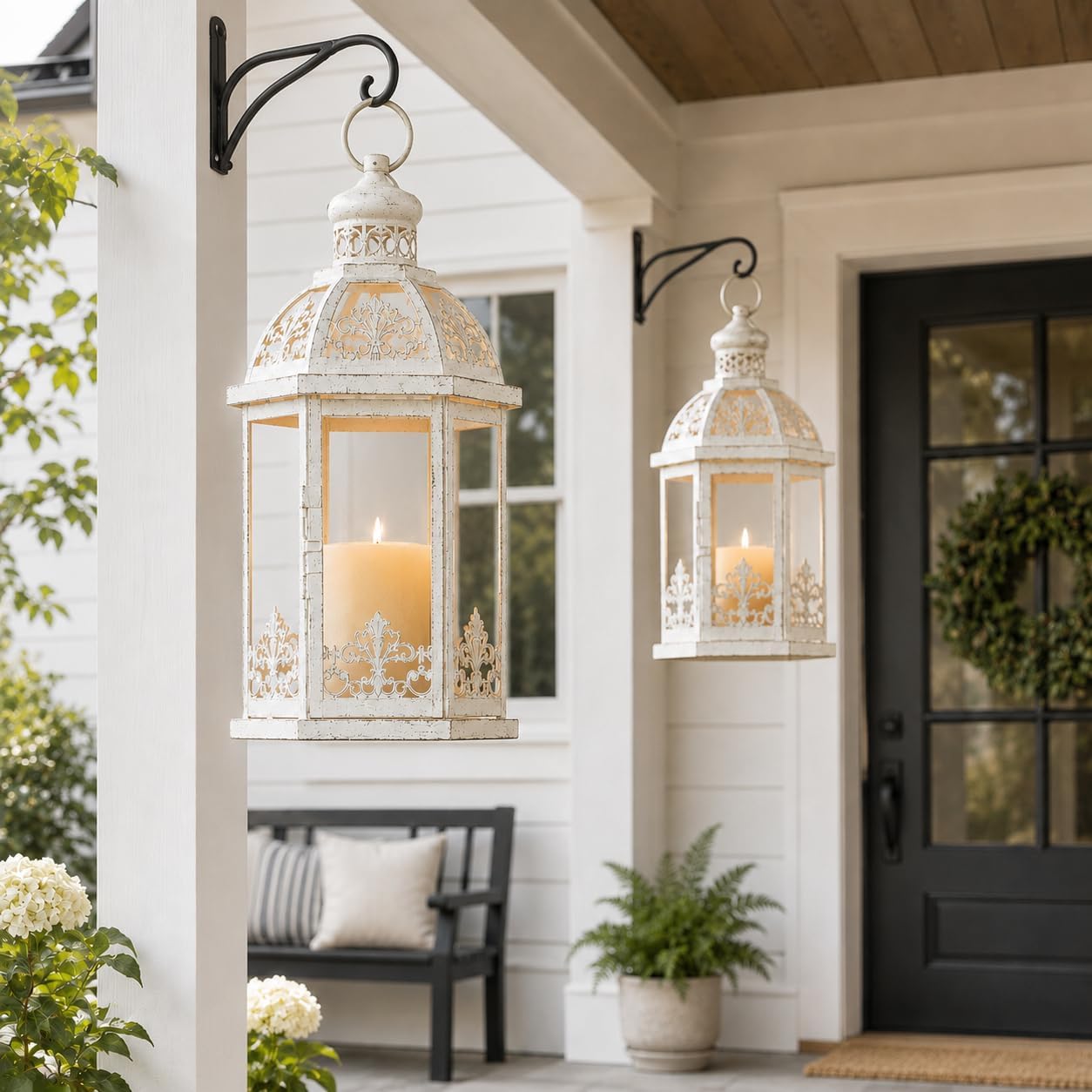 Lanterns Decorative Outdoor&Indoor, Set of 2 (15"&11") Beige Metal Lantern Decor with Glass, Candle Holder for Porch
