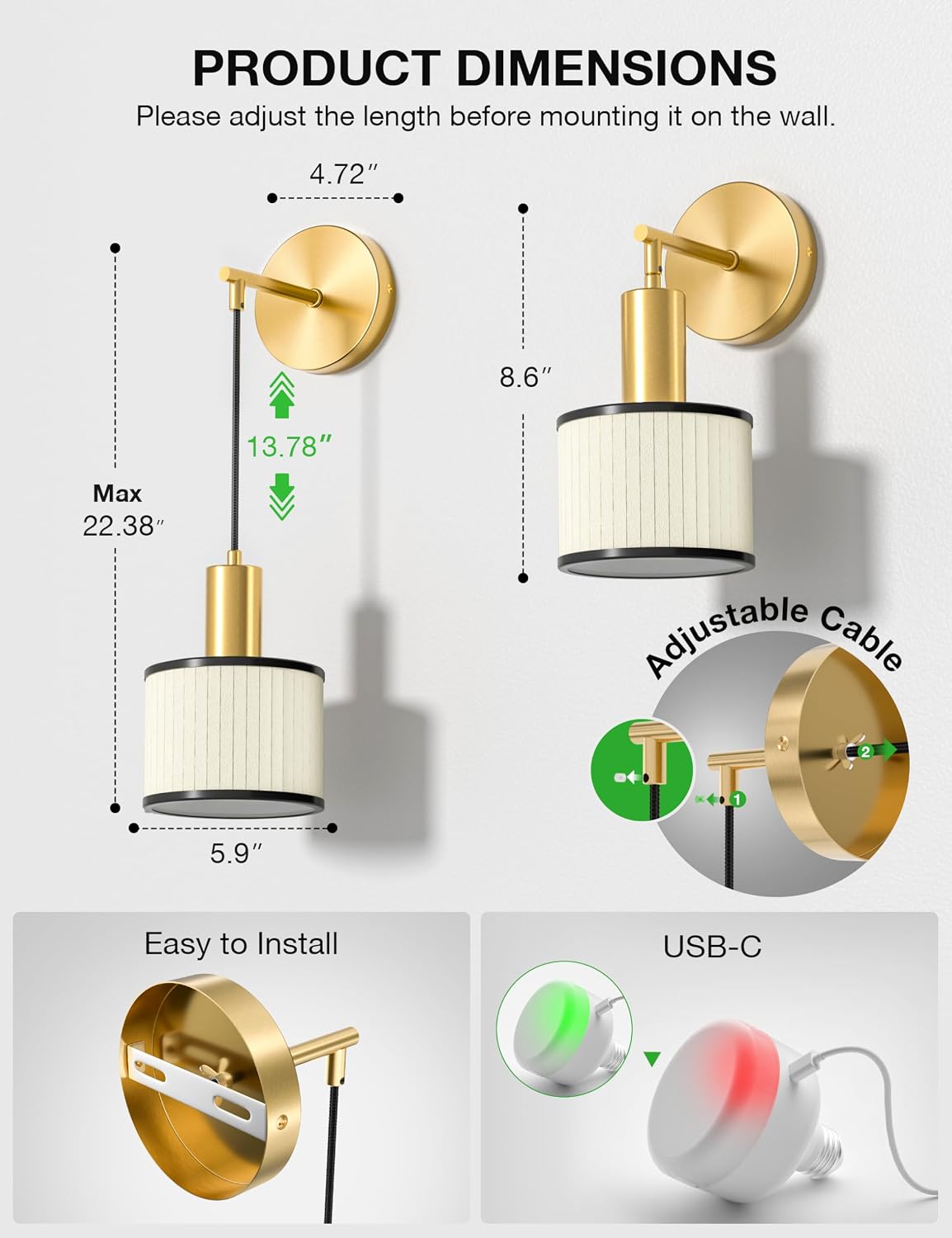 Battery Operated Wall Sconce Set of 2, Black Gold & Off-White Wireless Rechargeable Wall Lights with 5200mAh Dimmable