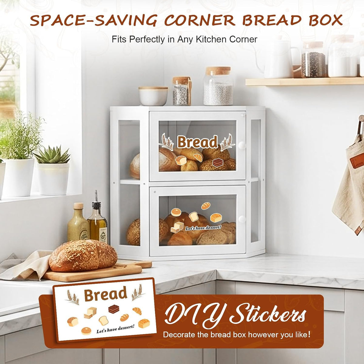 Corner Bread Box for Kitchen Countertop,Large Bread box,White | 2 Tier Bamboo Wood Corner Bread Box for Homemade Bread