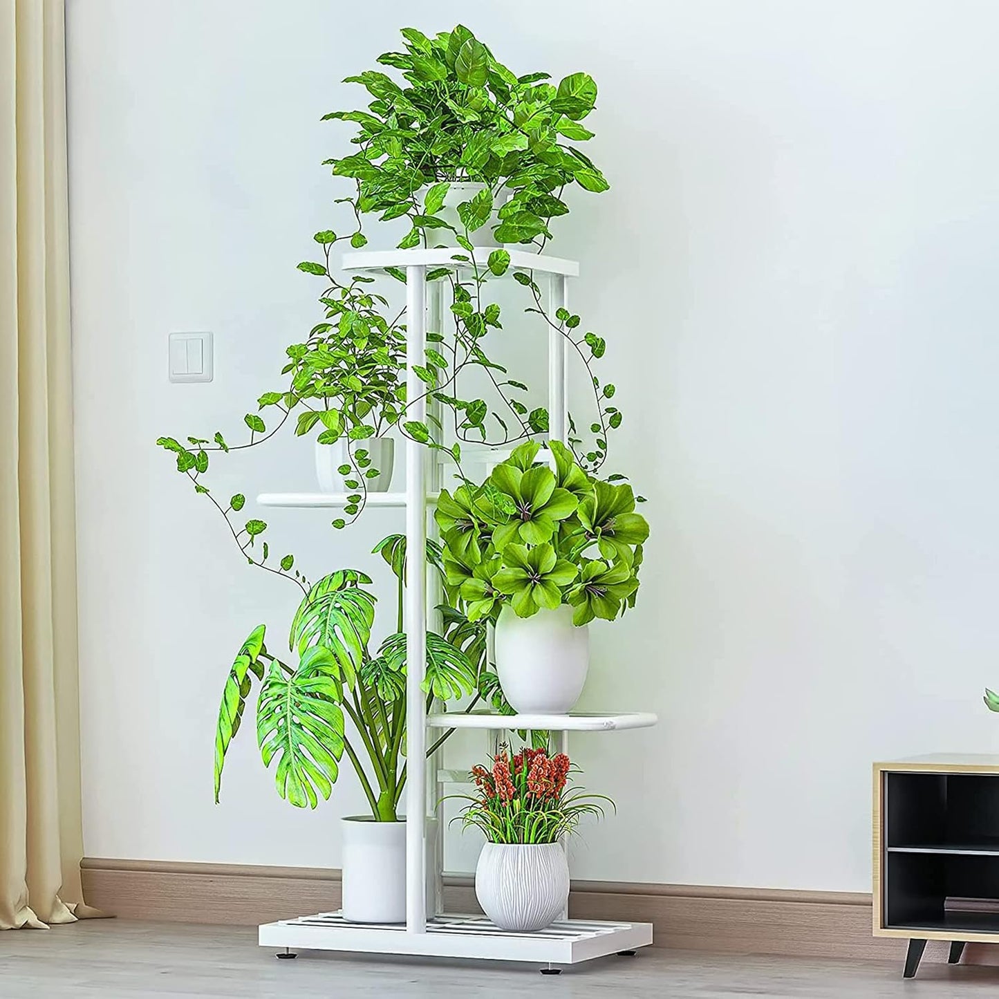 LINZINAR 4 Tier Plant Stand Indoor Outdoor Metal Corner Display Shelf | Space Saving,5 Potted Multiple Flower Pot