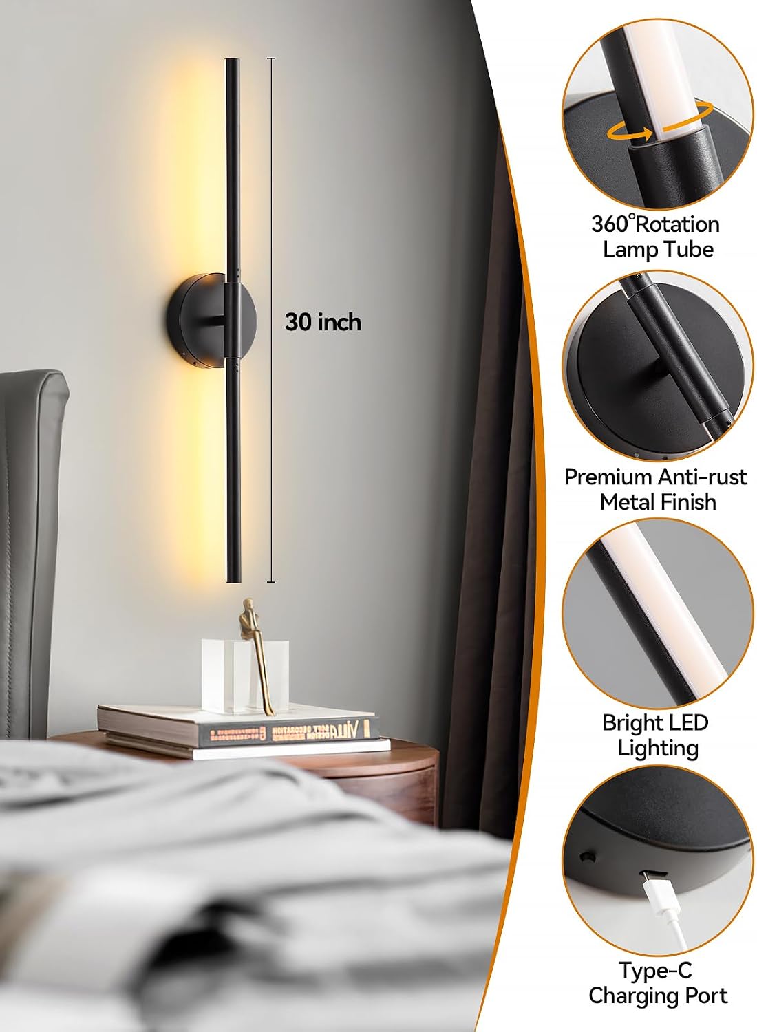 Battery Operated Wall Sconce, 30 Inch, Black, Rechargeable | Wireless Wall Light with Remote & Touch Control