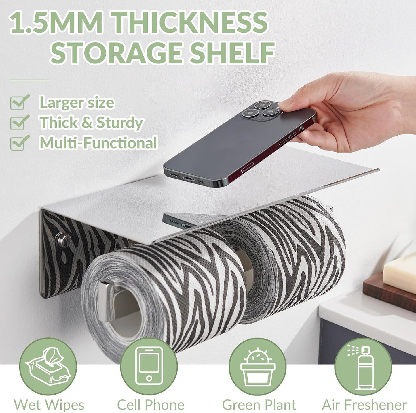 APLusee Double Toilet Paper Holder with Storage Shelf, Polished Chrome | Rustproof 304 Stainless Steel for Bathroom