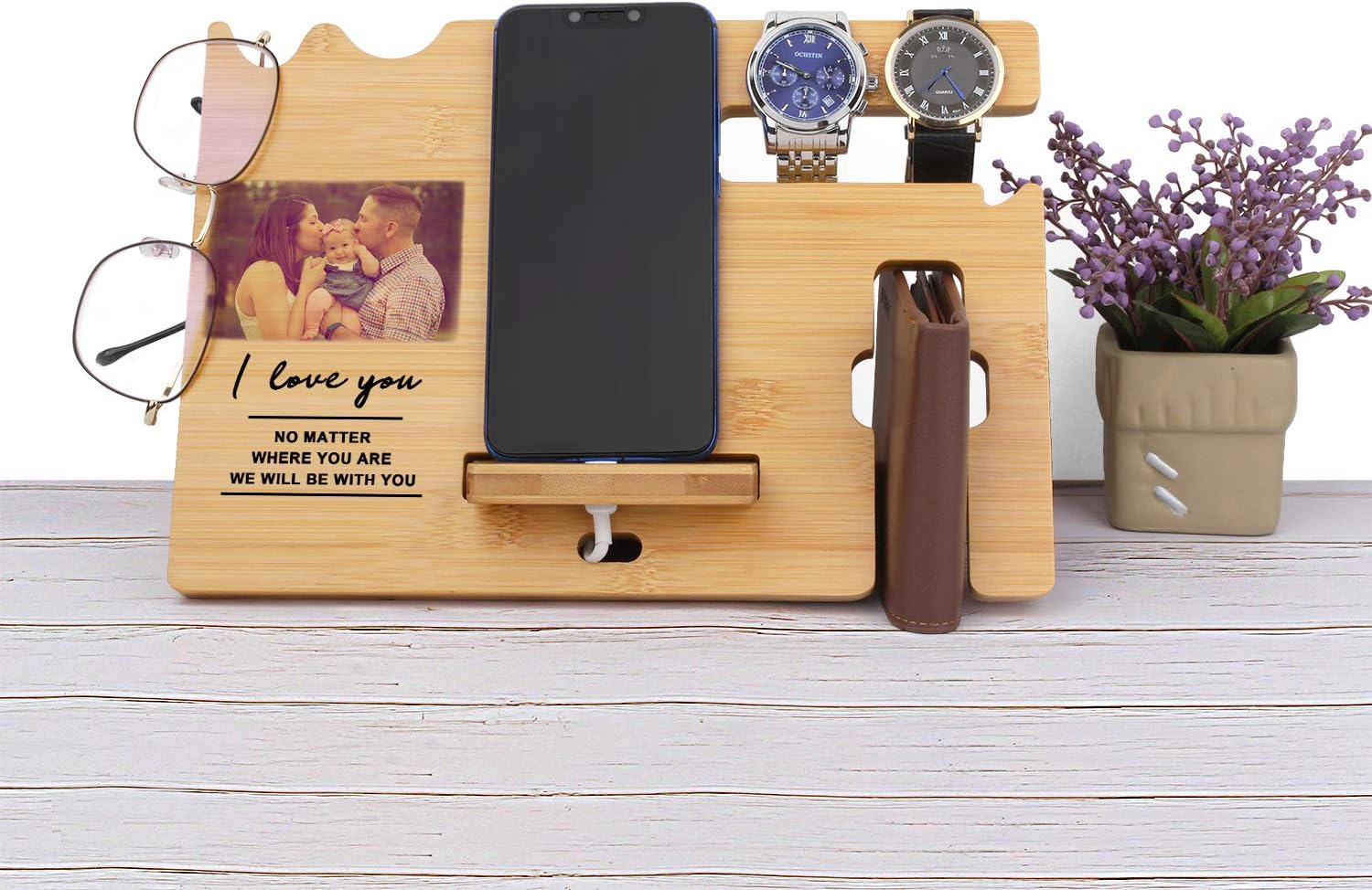 Gifts For Men - Wood Phone Docking Station Personalized - Engraved Nightstand Organizer With Phone Stand, Phone Holder