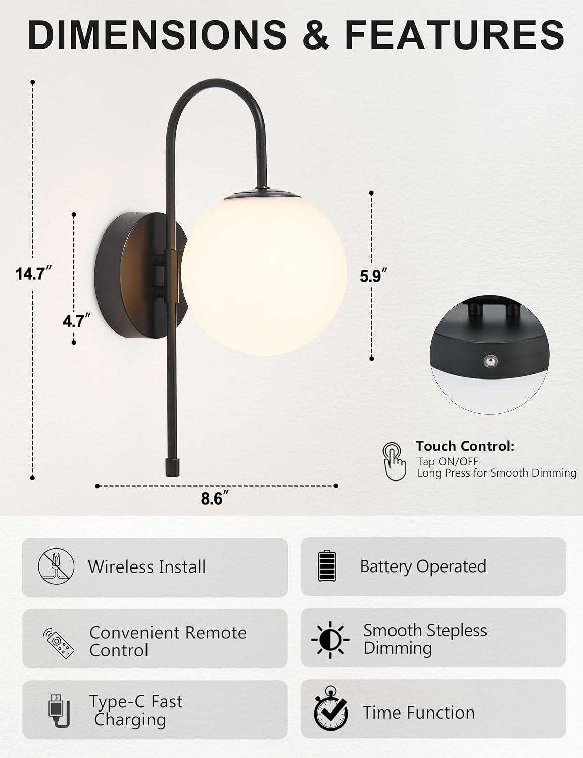 Battery Operated Gooseneck Wall Sconces, Matte Black Globe Glass Set of 2