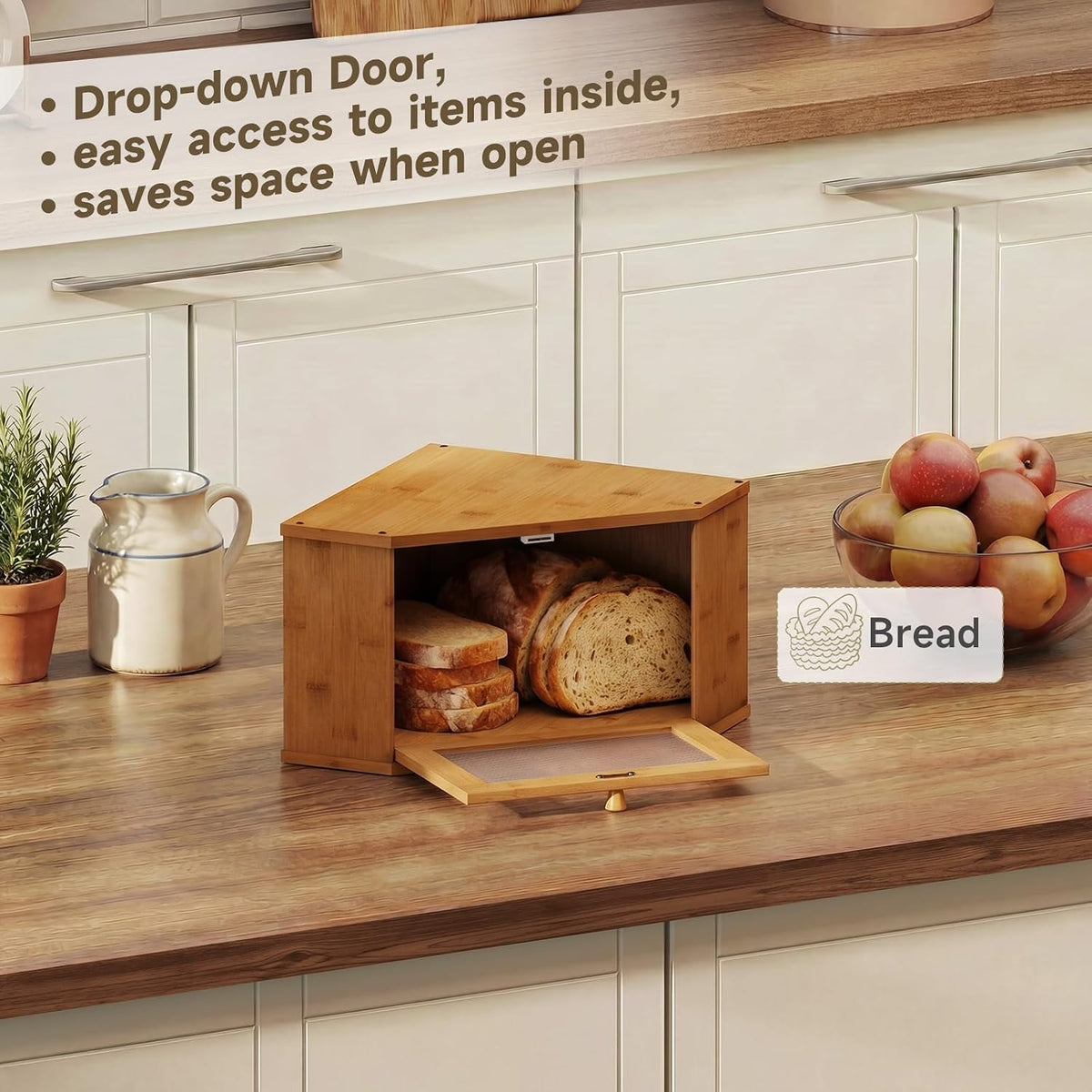 Corner Bread Box For Kitchen Countertop,Bread Storage Bin (Brown, Medium) | Small Bamboo Bread Container,Corner Shelf