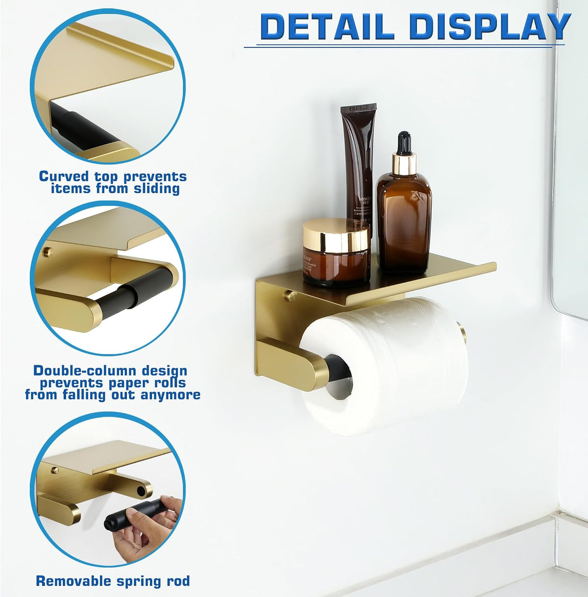 Alise Toilet Paper Holder with Shelf Wall Mount Adhesive or Screw in,Gold | SUS304 Stainless Steel Toilet Paper Roll