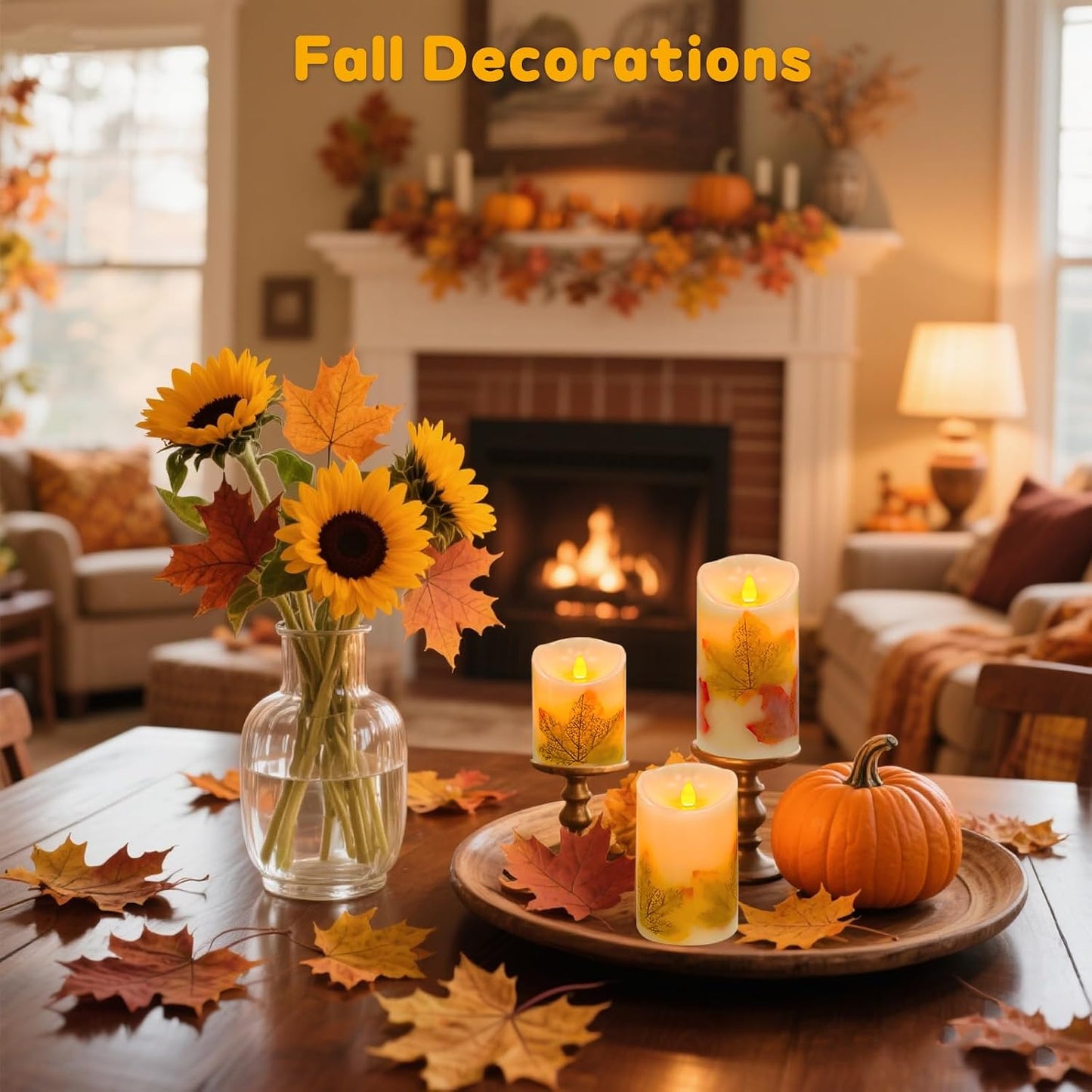 Maple Leaf Flameless Candles Set of 3, Fall Candles with Remote & Timer | Flickering Real Wax Pillar Candles Battery