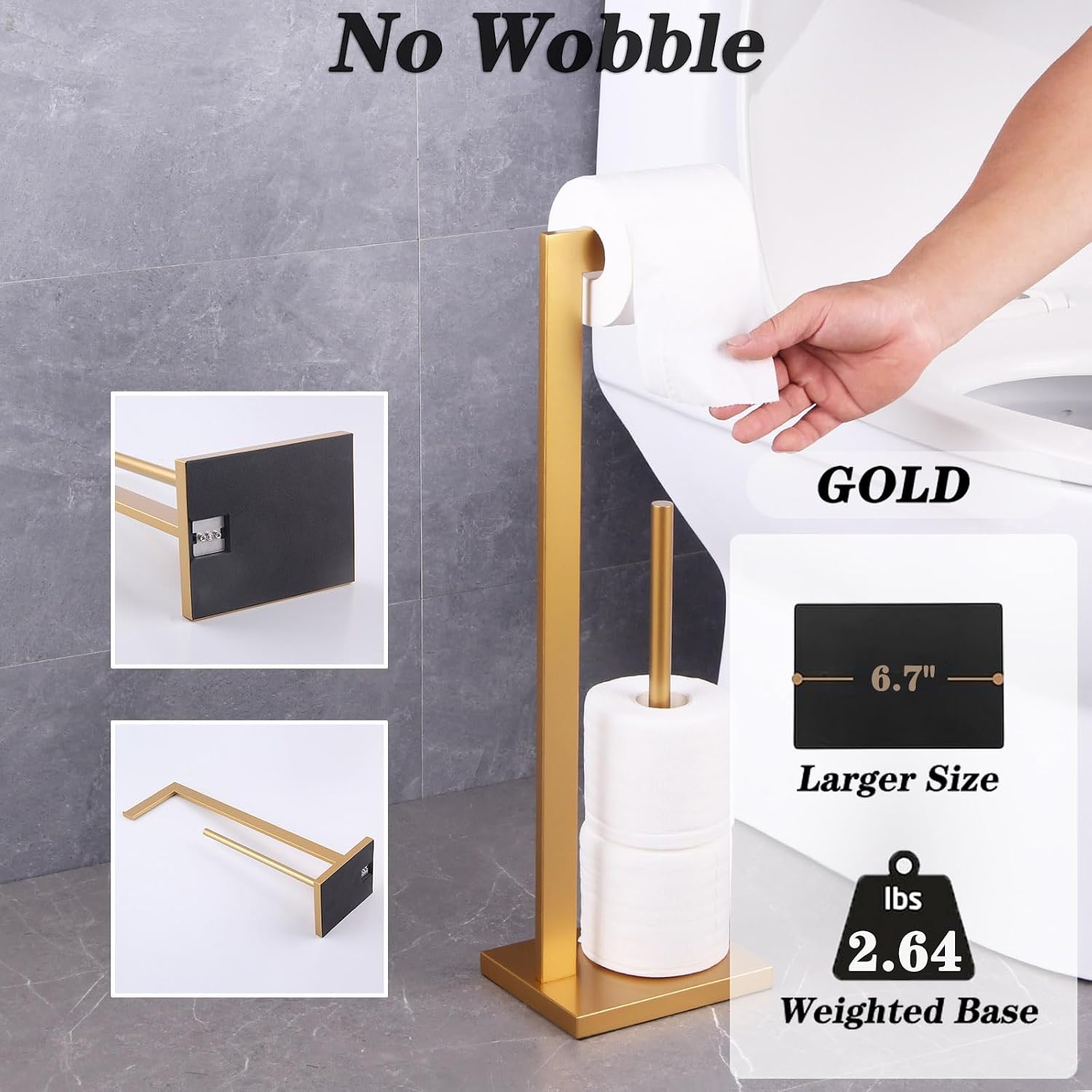 GERZWY Gold Toilet Paper Holder Free Standing with Reserve Stainless Steel Tissue Roll Holder Floor Stand Storage