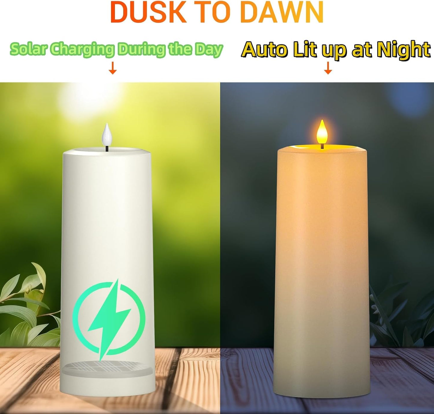 SoulBay 10"x4" Solar & USB Rechargeable Outdoor Flameless Pillar Candles | Waterproof Flickering LED, Remote Timer
