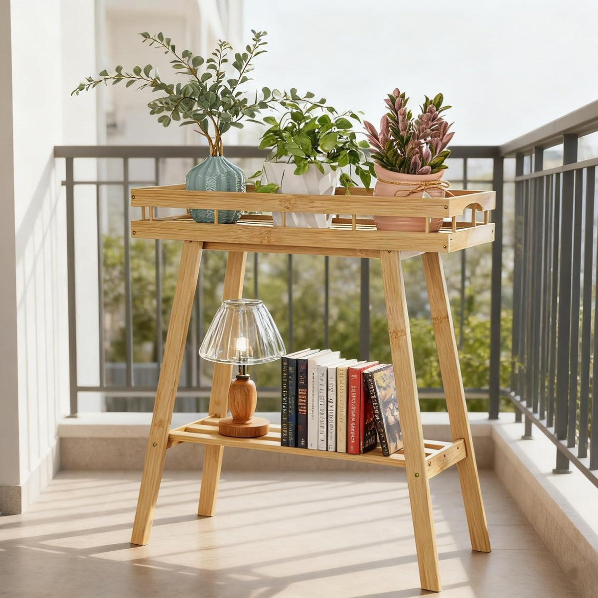 BAMBANG Bamboo Plant Stand Indoor, 2 Tier Small Plant Table, Tall Plant Stand for Indoor Plants, Window Sill Plant