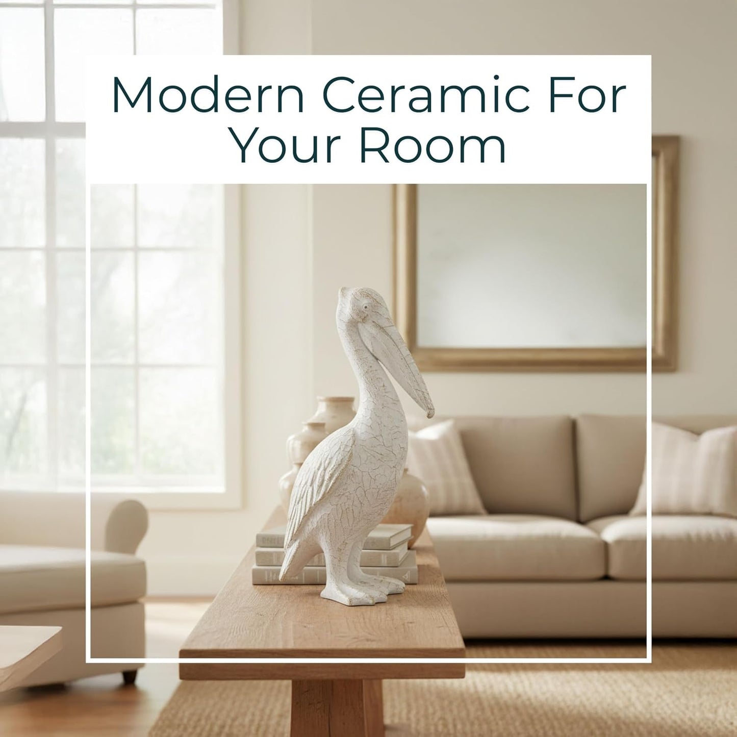 Modern Ceramic Standing Pelican Sculpture / 14.0" H / White