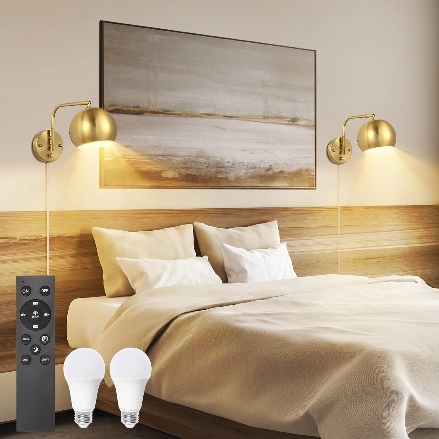 VATONI Wall Sconce with Remote Control, Plug in Wall Sconces Dimming 0-100% and Adjustable Color Temperature