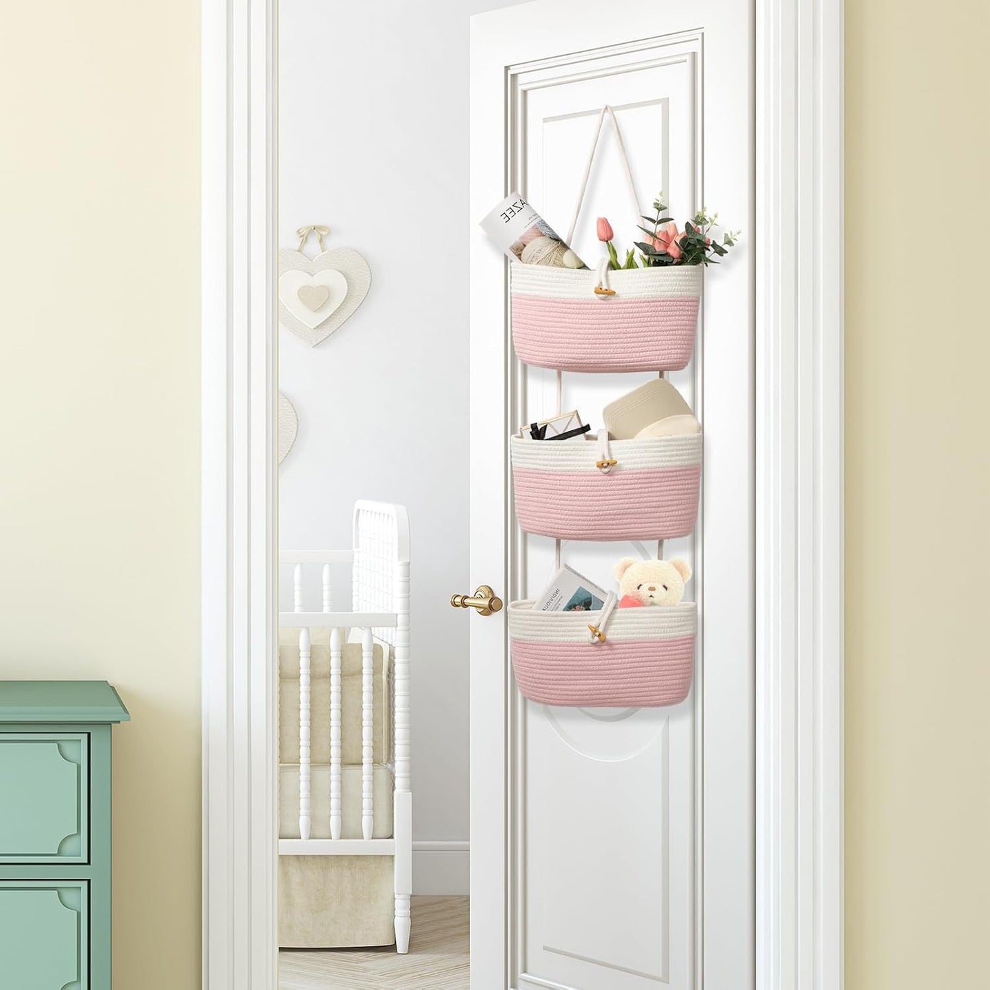 3-Tier Woven Cotton Storage Organizer Bag / Pink+white / 3 Tier+button