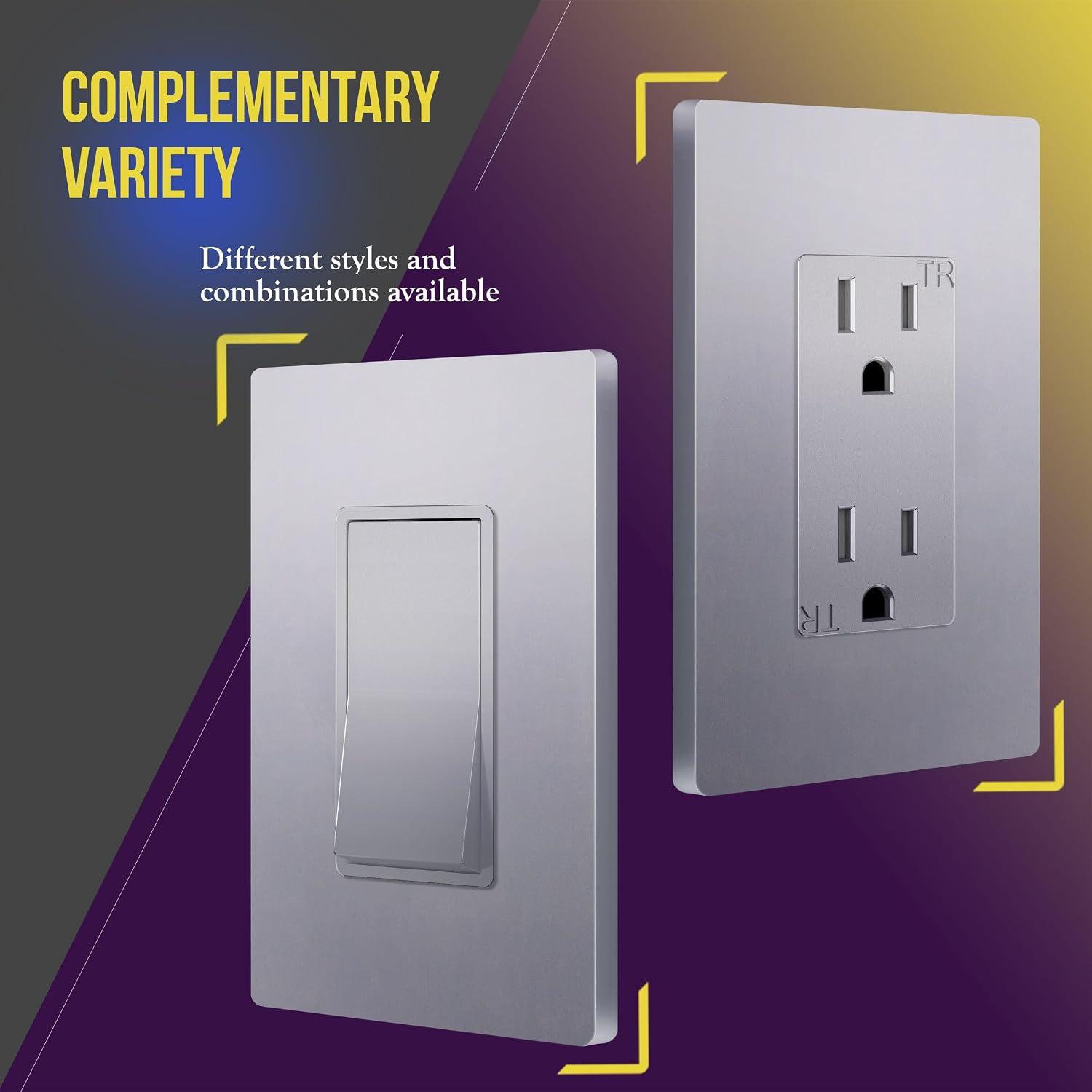 ENERLITES 1-Gang Silver Screwless Decorator Wall Plate Outlet Cover, 10 Pack