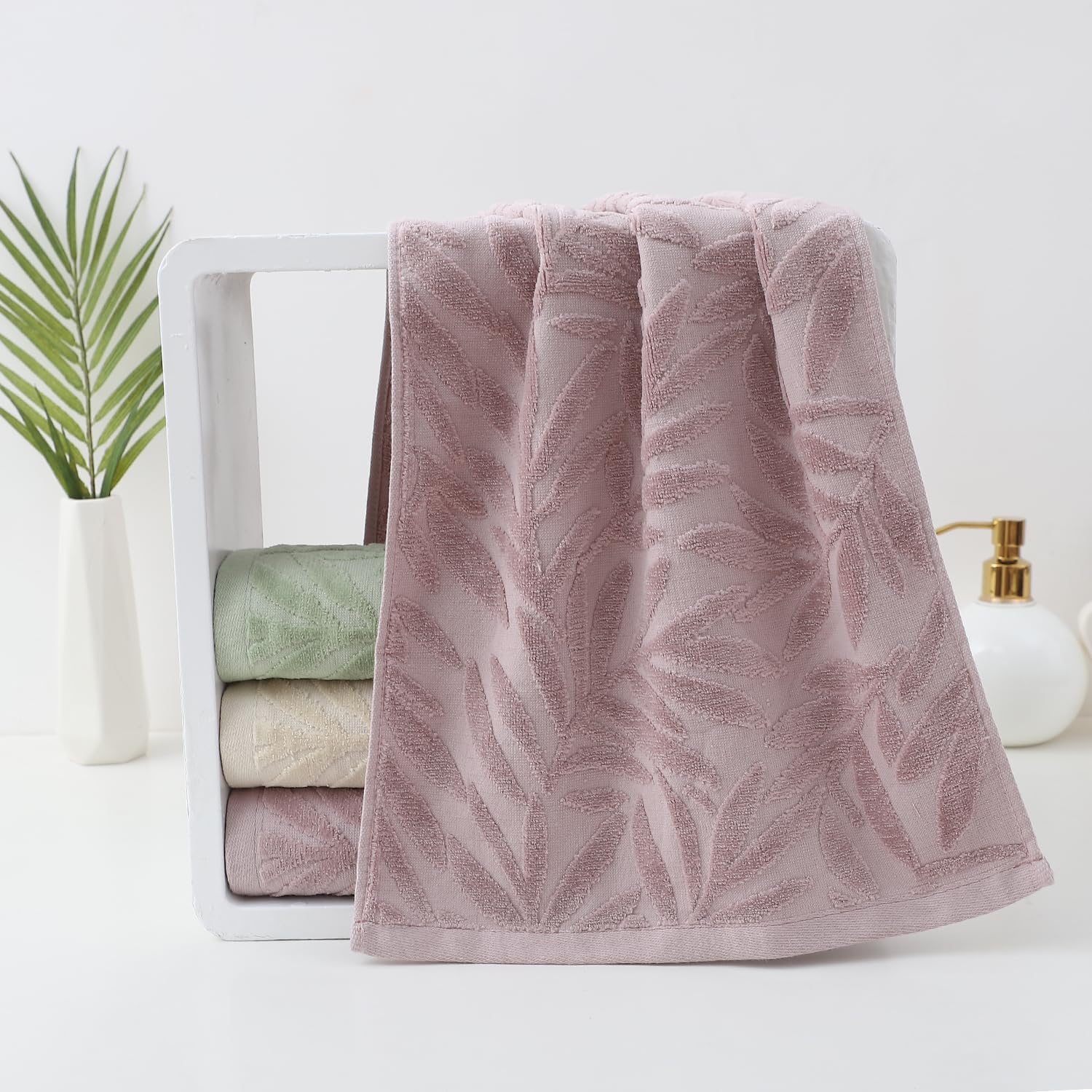 Hand Towels Set of 4 Leaf Pattern 100% Cotton Absorbent Soft Decorative Towel for Bathroom (Purple)
