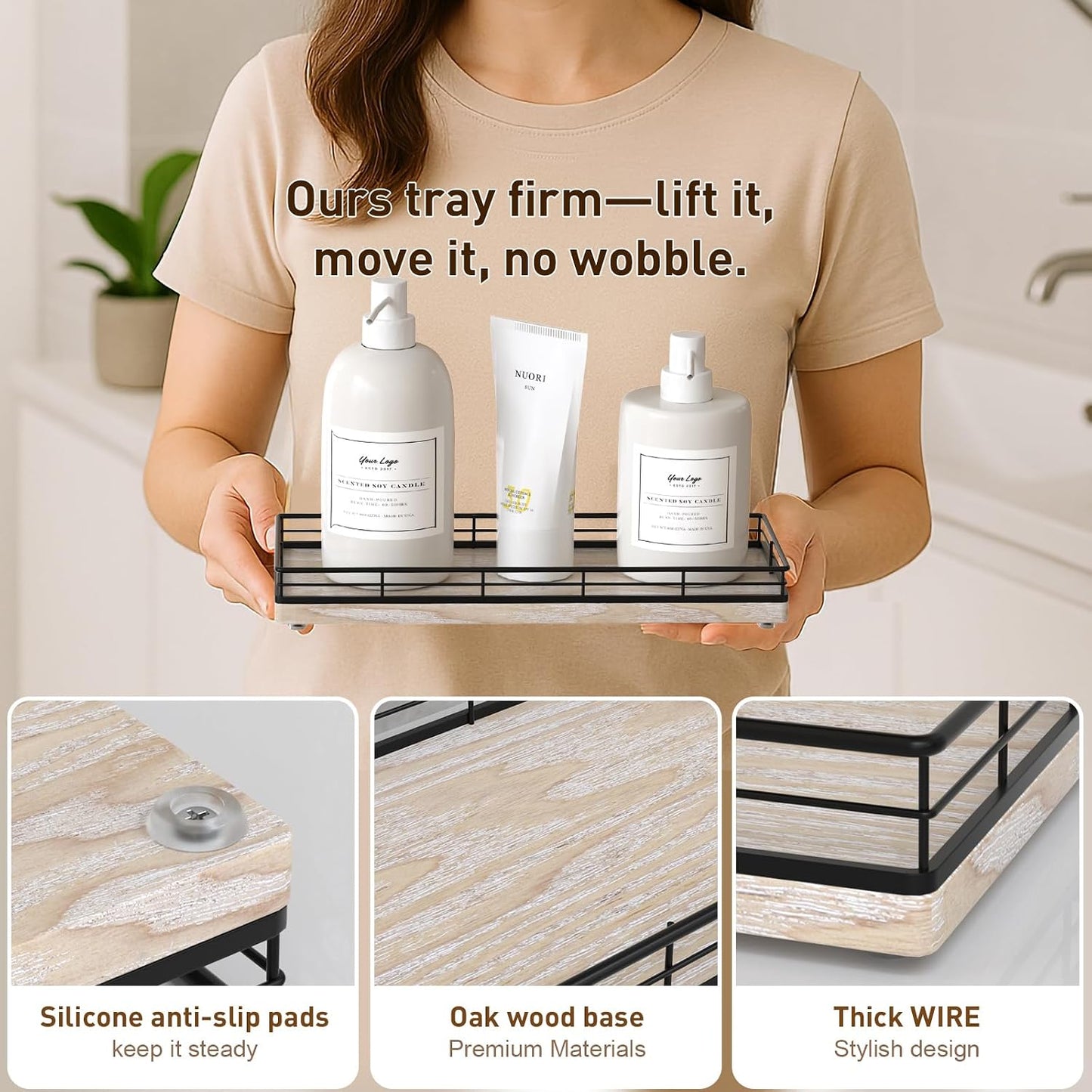 Ash Wood Vanity Tray / Black & Whitewashed / 11 x 4.5 x 1.5