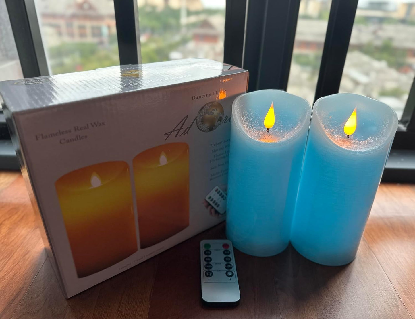 Adoria Large Blue Flameless Candles Set 2- Real Wax Candles with 3D Flame-Ocean Scented-Dia 3.15x 7 Inch for Home