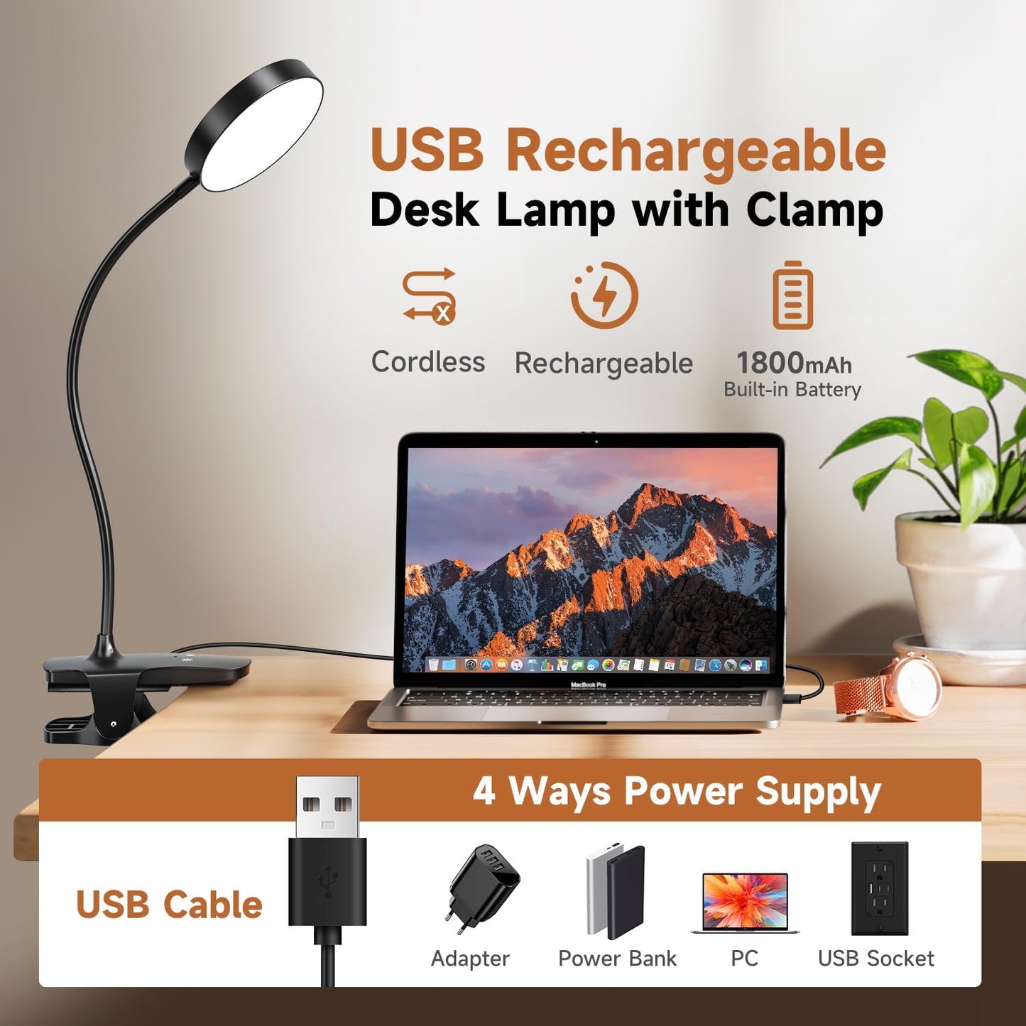 Mubarek Clip on Lamp,5 Brightness+5 Color Clip on Light,200LM 36 LED Reading Lights for Books in Bed,1800mAh Battery