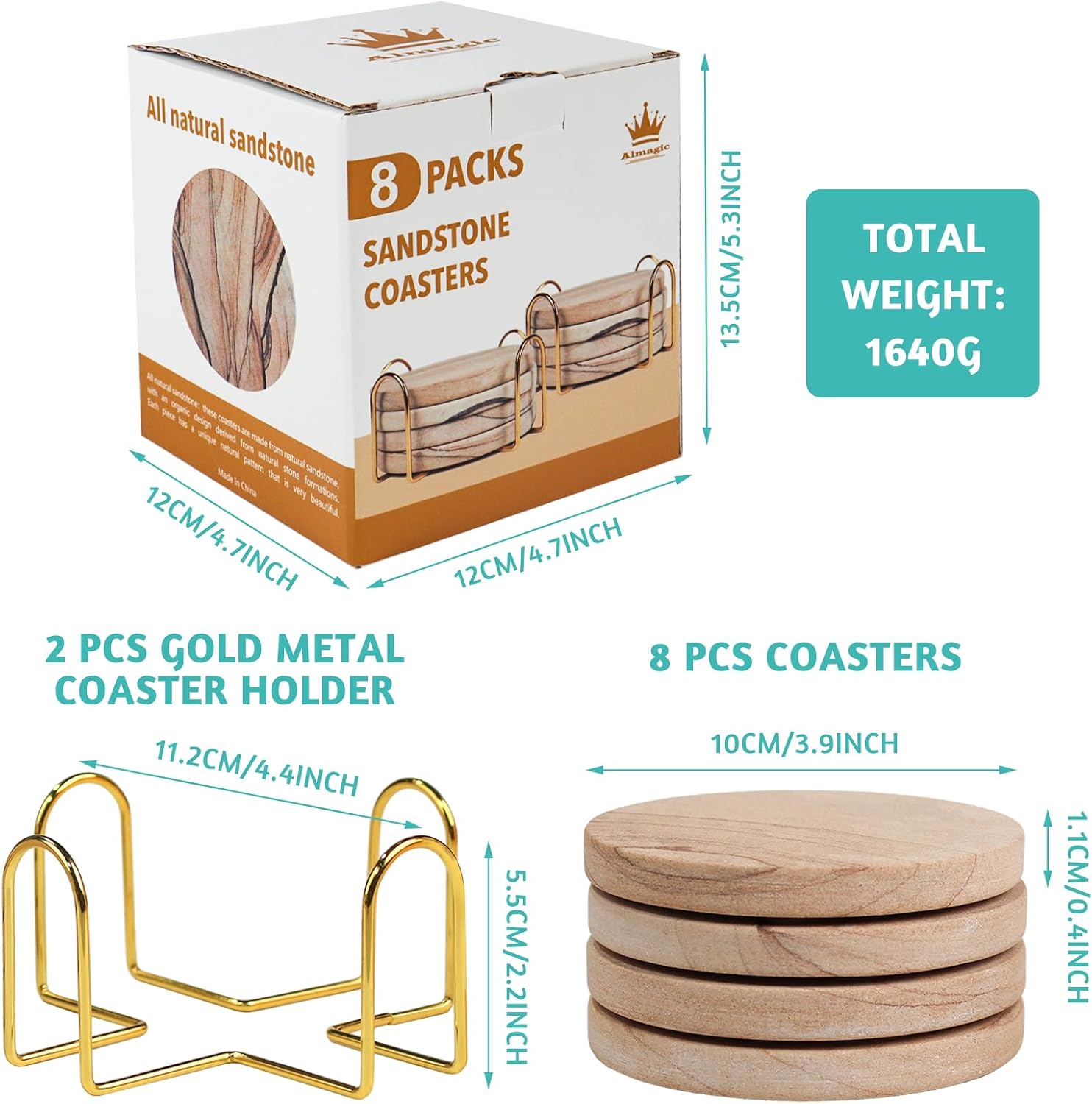 in Dia Drink Coasters / with Holder / Natural / 4 Inch / Set of 8