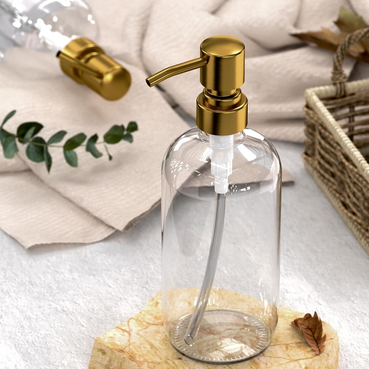AmazerBath Soap Dispenser, 2 Pack Glass Soap Dispenser with Pump Stainless Steel, 17 Oz Clear Gold Hand Soap Dispensers