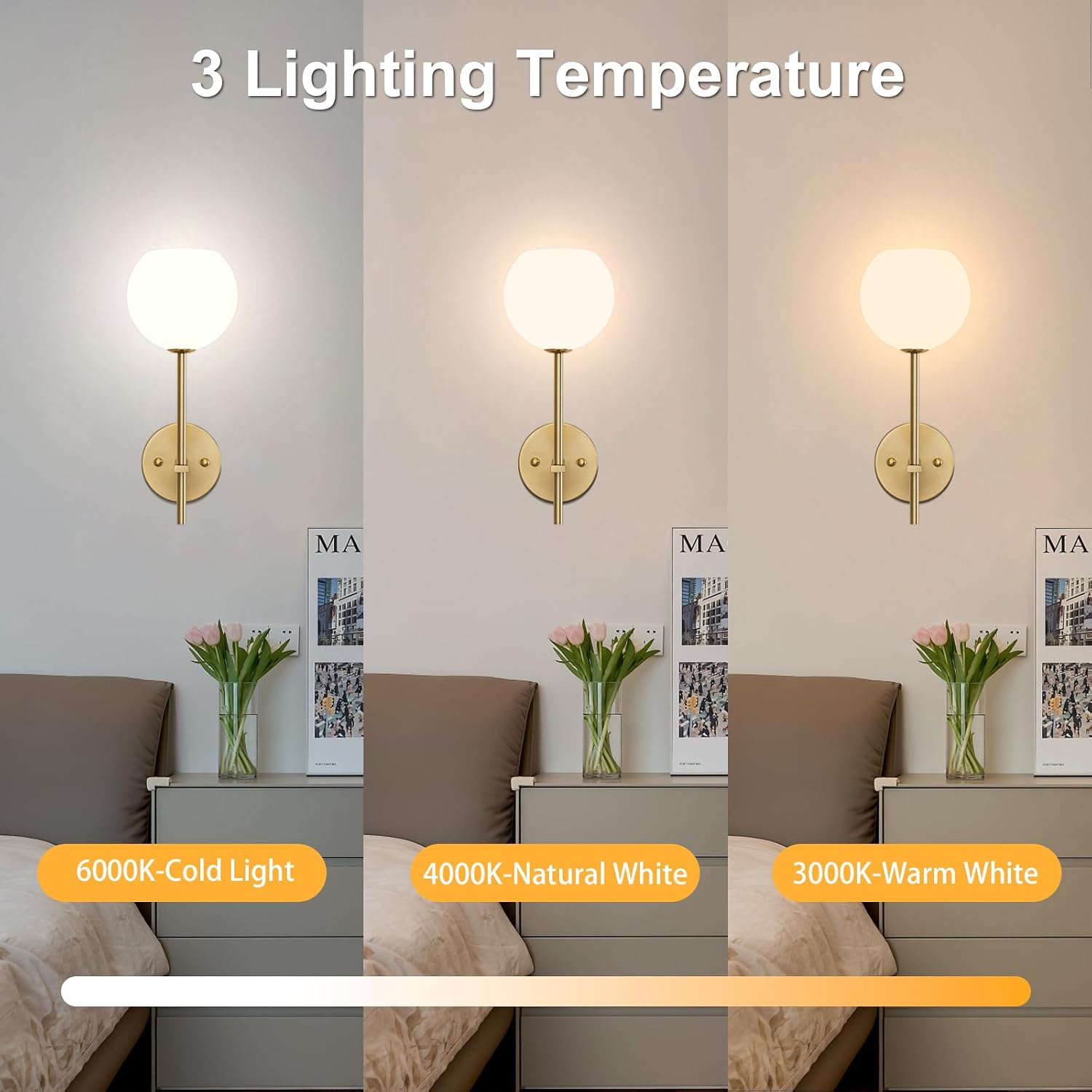 Gold Battery Operated Wall Sconces Set of 2, Rechargeable Wireless Wall Lights with Milky White Frosted Glass Shade, 12