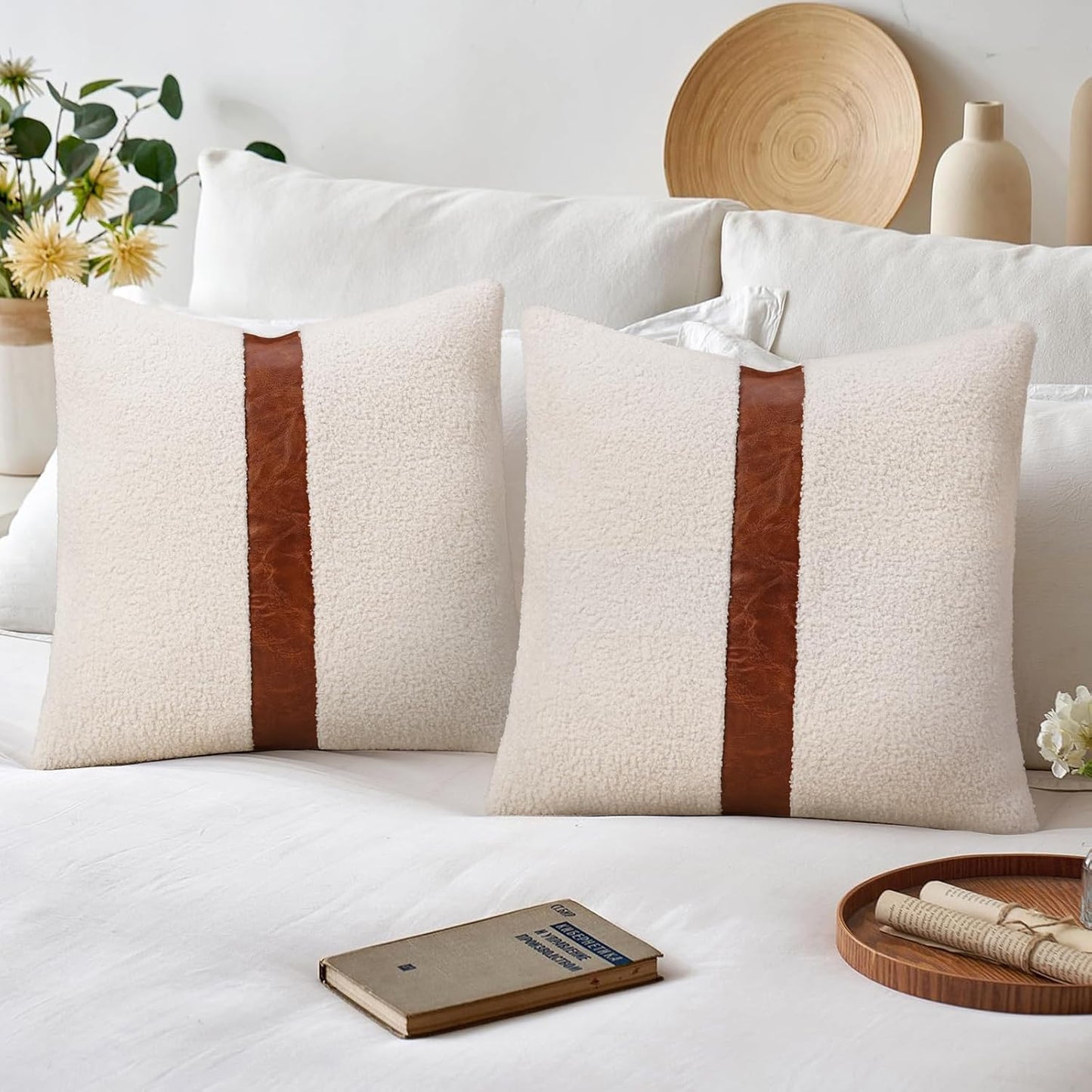 Teddy Boucle Decorative Throw Pillow Covers Faux Leather Striped / Cream / 18 x 18 / Set of 2