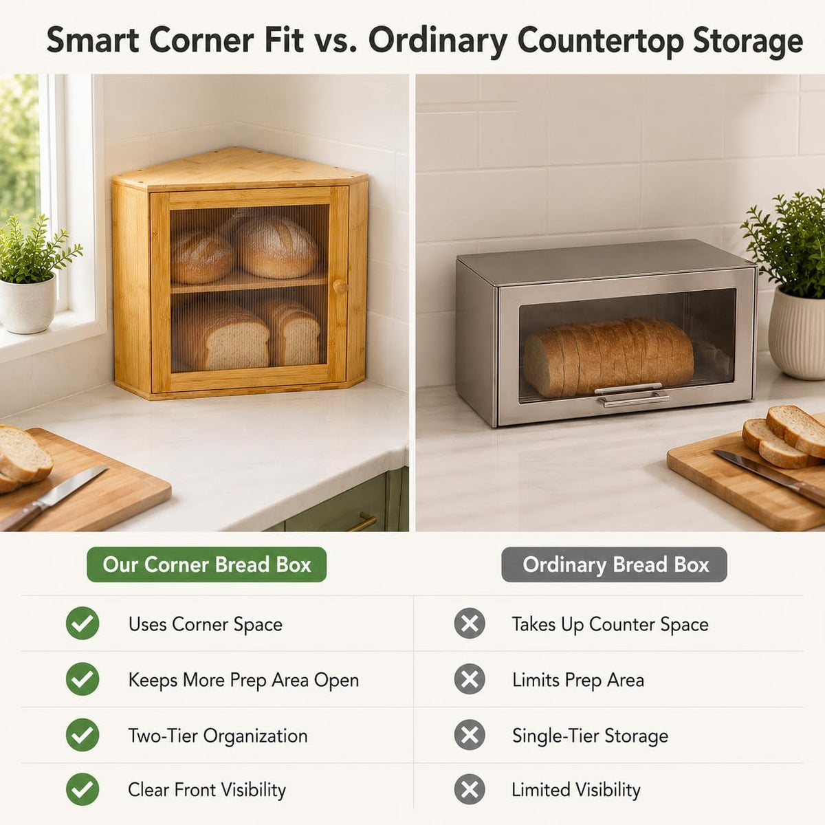 BAMBANG Corner Bread Box for Kitchen Countertop, Large Capacity Bamboo Wood Bread Storage Container, 2 Tier Farmhouse