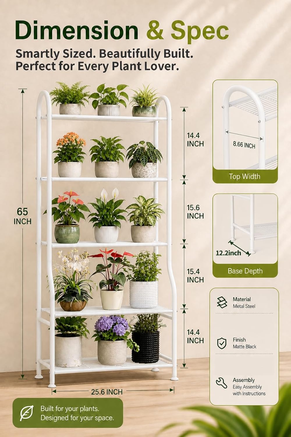 5-Tier Metal Plant Stand - Heavy Duty Indoor Outdoor Flower Shelf for Multiple Pots, 65" Tall Vertical Holder with