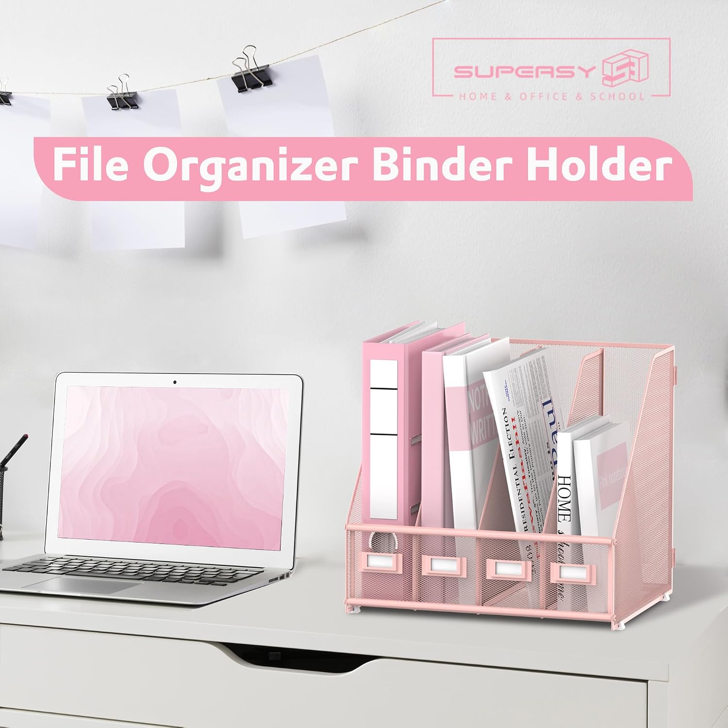 4-Compartment Magazine File Holder and File Organizer for Desk, Pink | Metal Magazine Holder and Magazine File Holder