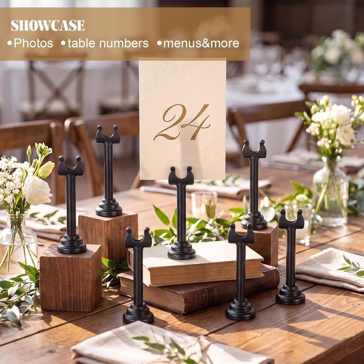 24 Pcs Black Metal Table Number Holders 3.15 Inch Wedding Place Card Holders Bulk Harp Clip Table Sign Stands Card
