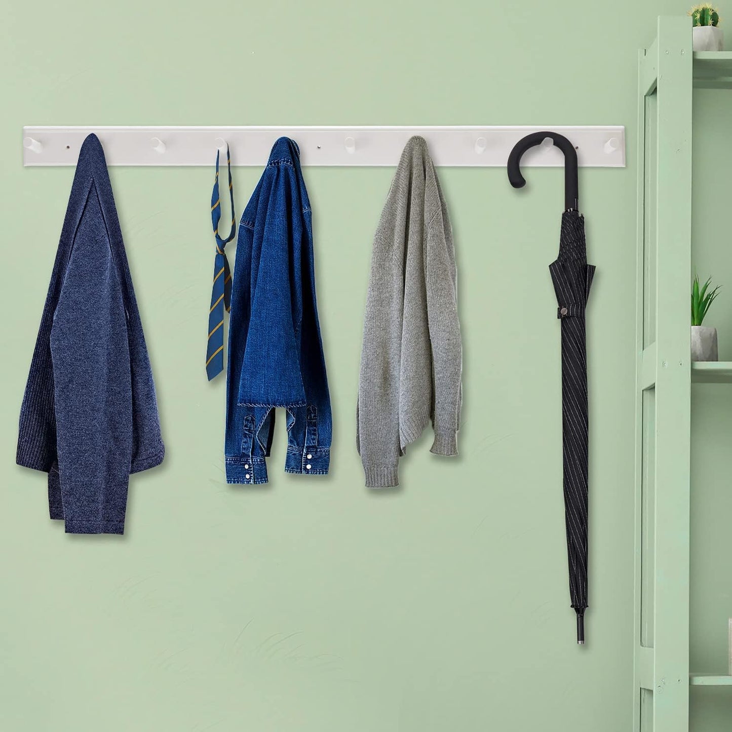 10 Hook Coat Rack Wall Mounted, Long 38 Inches Wooden Wall Coat Hanger with 10 Pegs, 16'' Hole to Hole Wall Coat Hooks