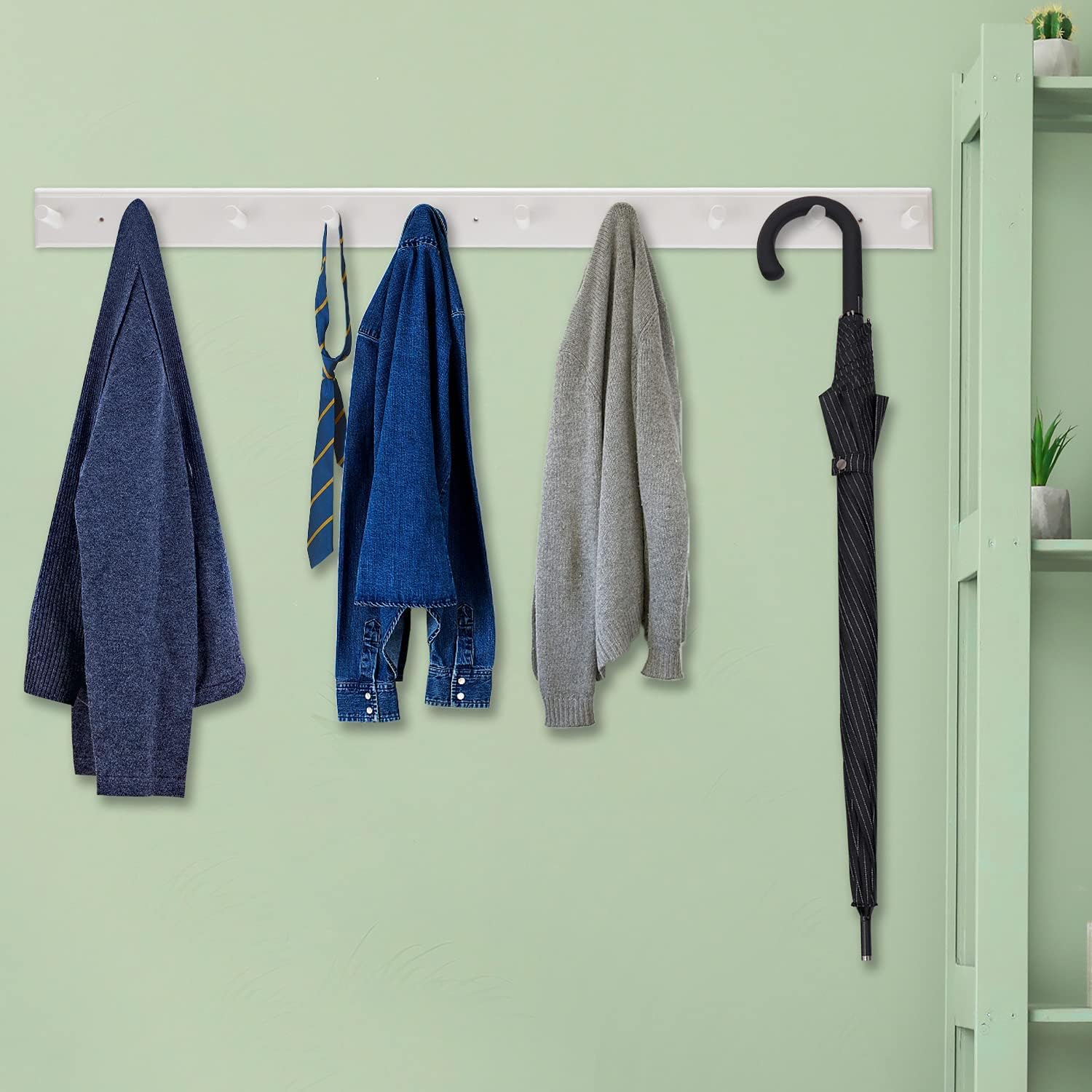 10 Hook Coat Rack Wall Mounted, Long 38 Inches Wooden Wall Coat Hanger with 10 Pegs, 16'' Hole to Hole Wall Coat Hooks